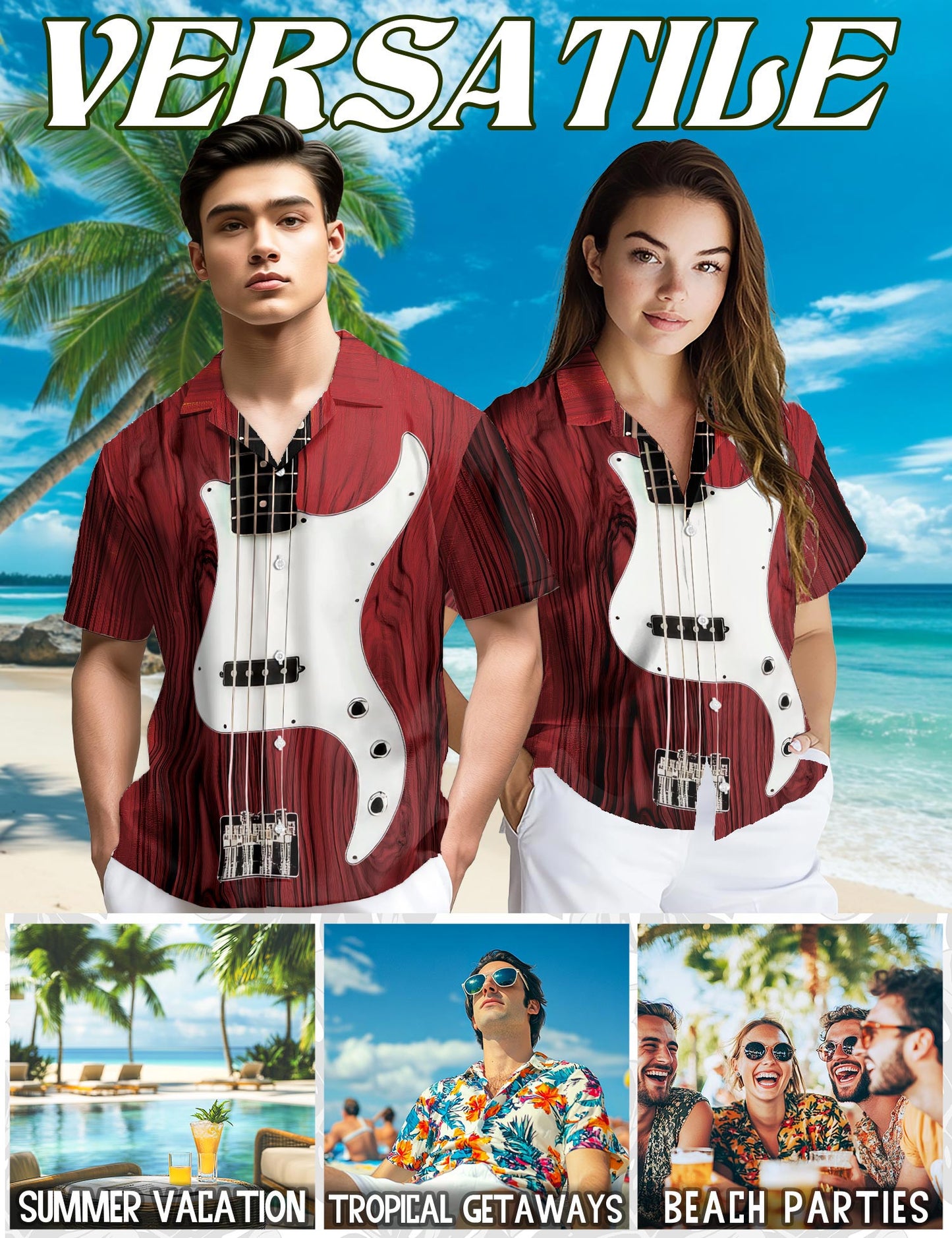 Netecom Bass Guitar Hawaiian Shirt for Men, Button Down Summer Beach Short Sleeve, Vintage Style, Sizes S-5XL