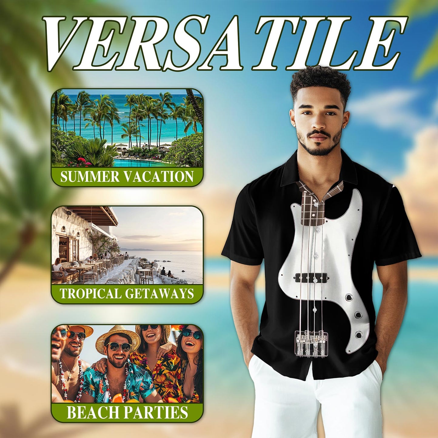 Netecom Bass Guitar Hawaiian Shirt for Men, Vintage Style, Button Down Summer Beach Short Sleeve, S-5XL