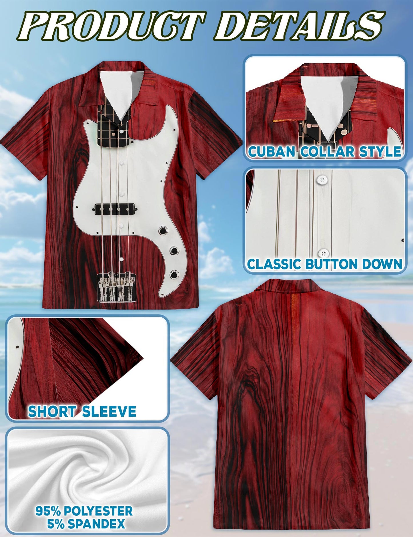 Netecom Bass Guitar Hawaiian Shirt for Men, Button Down Summer Beach Short Sleeve, Vintage Style, Sizes S-5XL