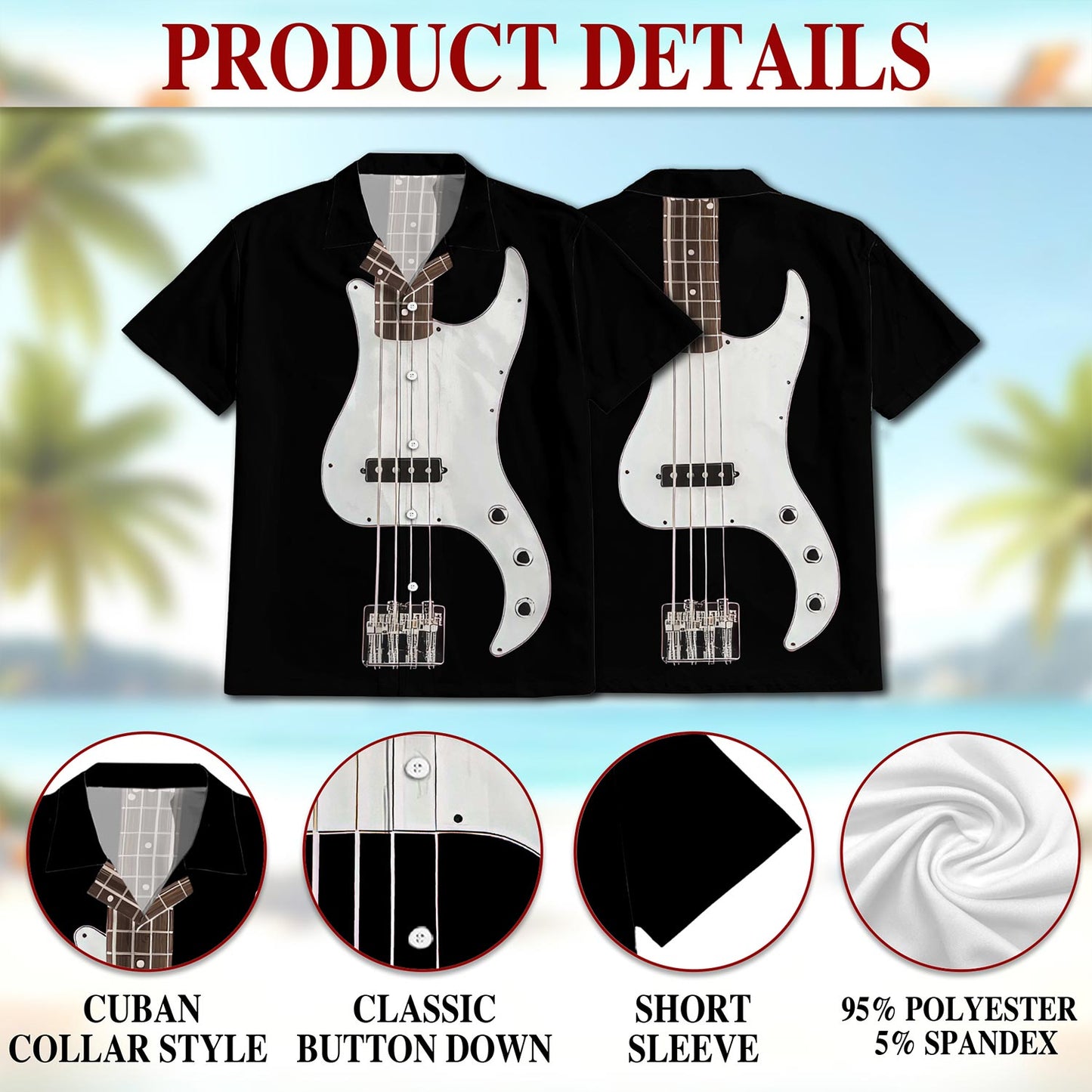 Netecom Bass Guitar Hawaiian Shirt for Men, Vintage Style, Button Down Summer Beach Short Sleeve, S-5XL