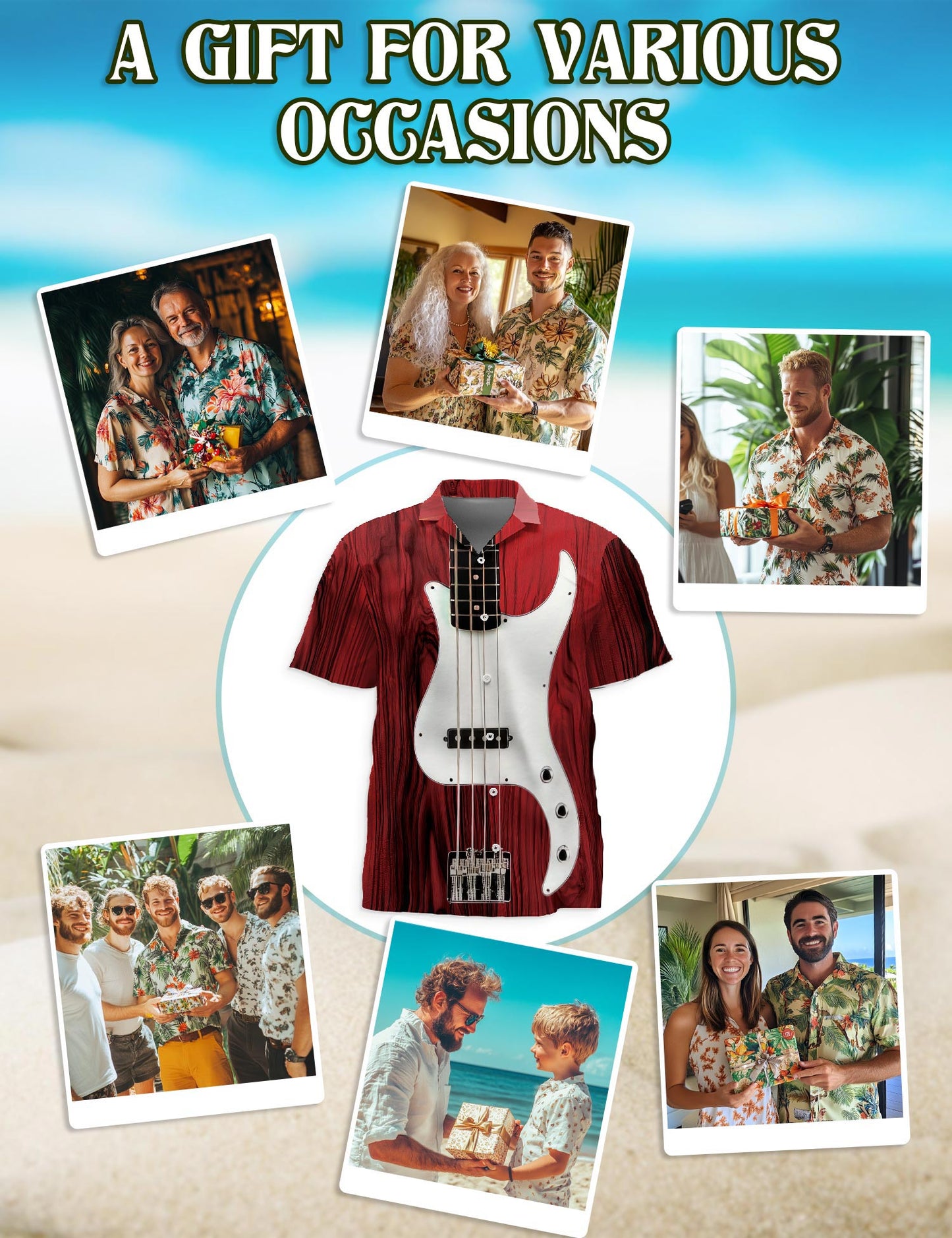 Netecom Bass Guitar Hawaiian Shirt for Men, Button Down Summer Beach Short Sleeve, Vintage Style, Sizes S-5XL