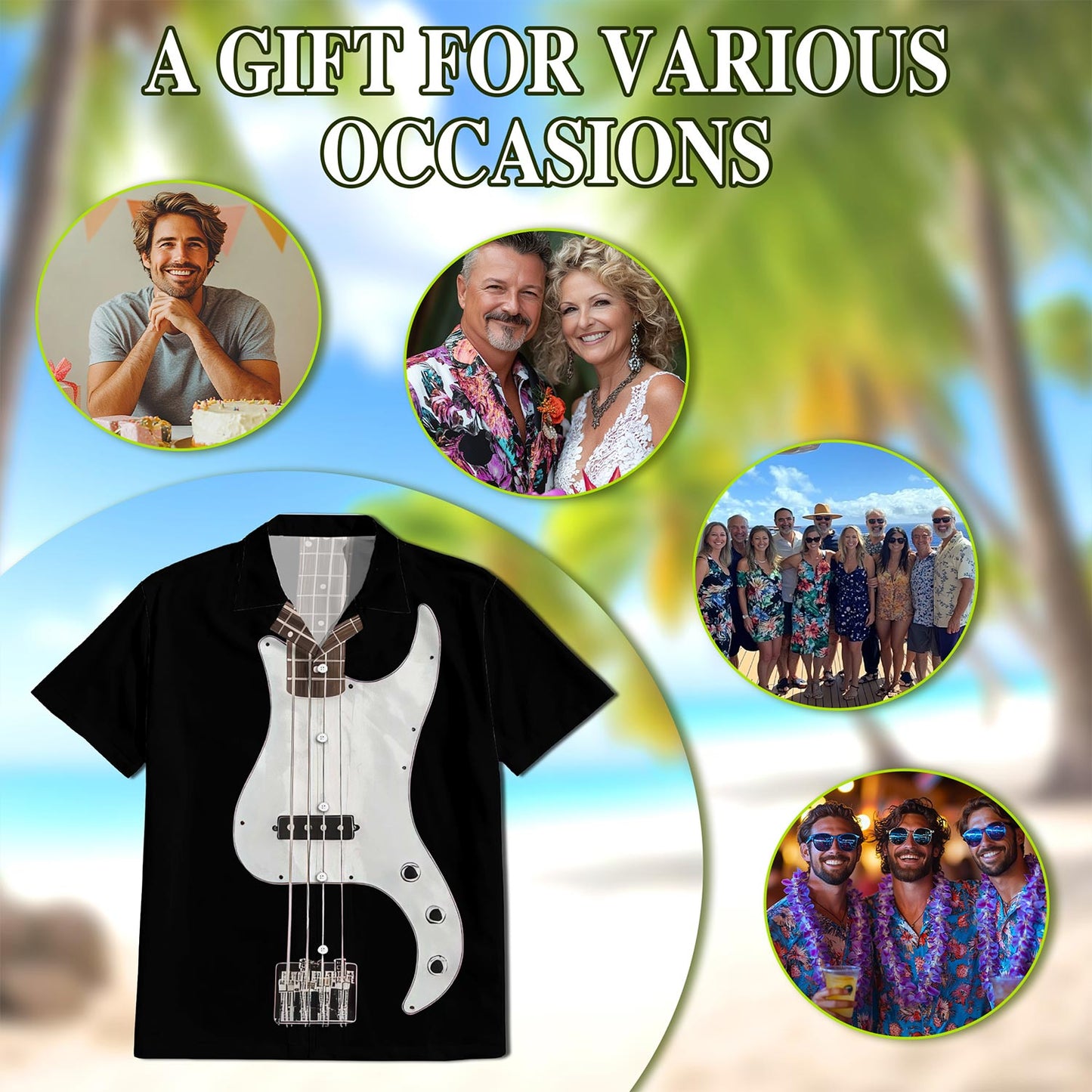 Netecom Bass Guitar Hawaiian Shirt for Men, Vintage Style, Button Down Summer Beach Short Sleeve, S-5XL