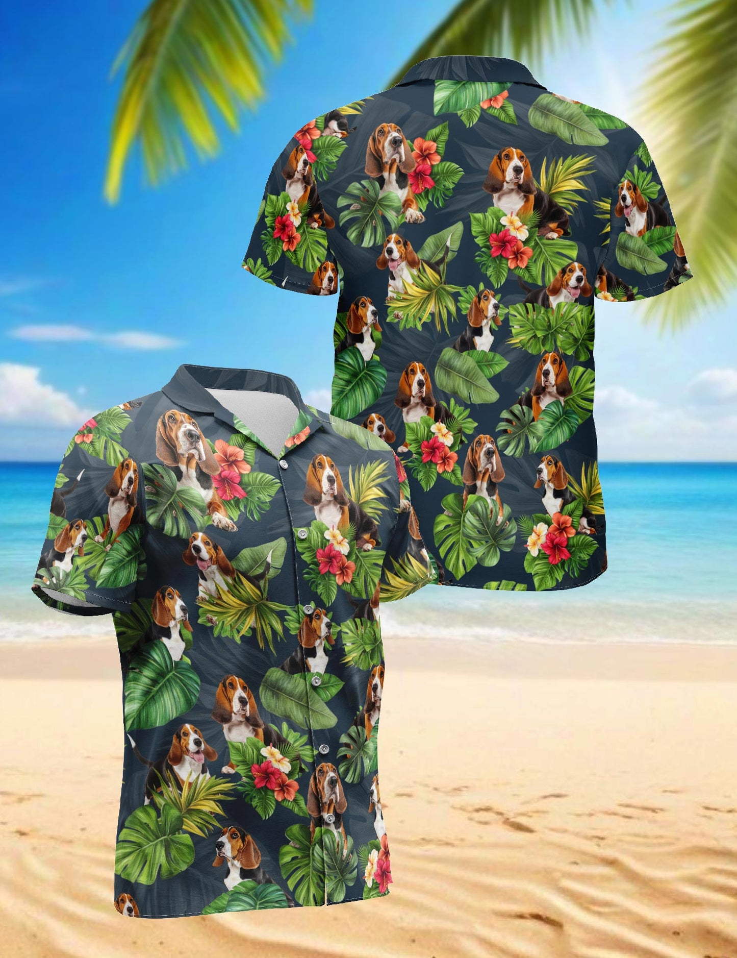 Netecom Basset Hound Hawaiian Shirt for Men, Tropical Style, Button Down Summer Beach Short Sleeve, S-5XL