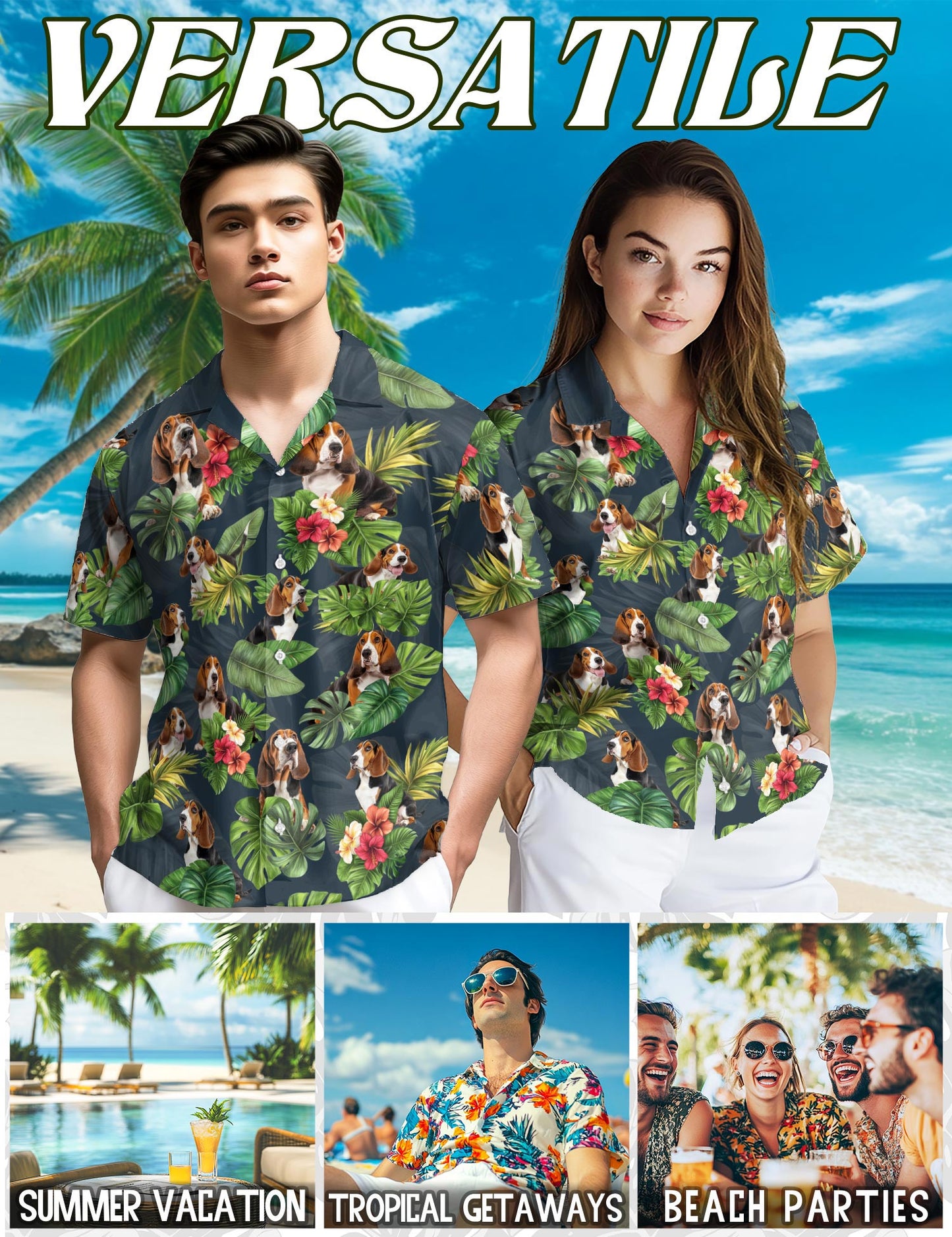 Netecom Basset Hound Hawaiian Shirt for Men, Tropical Style, Button Down Summer Beach Short Sleeve, S-5XL