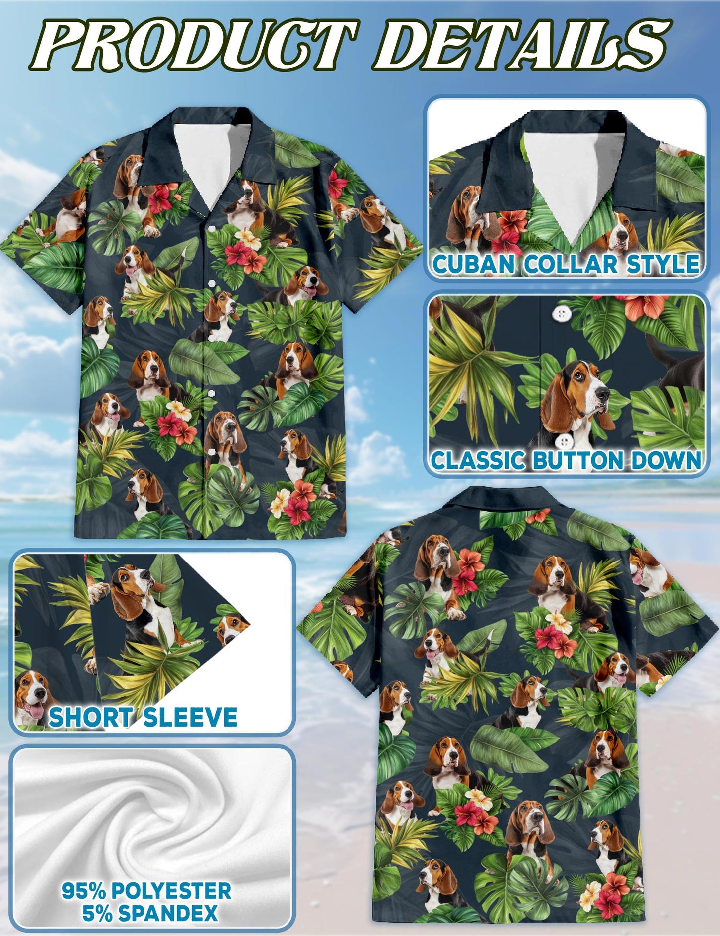 Netecom Basset Hound Hawaiian Shirt for Men, Tropical Style, Button Down Summer Beach Short Sleeve, S-5XL