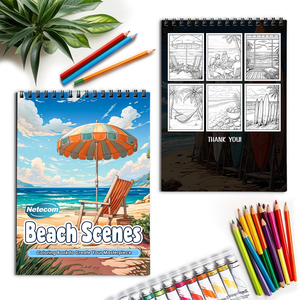 Netecom Beach Scenes Spiral Coloring Book for Adults