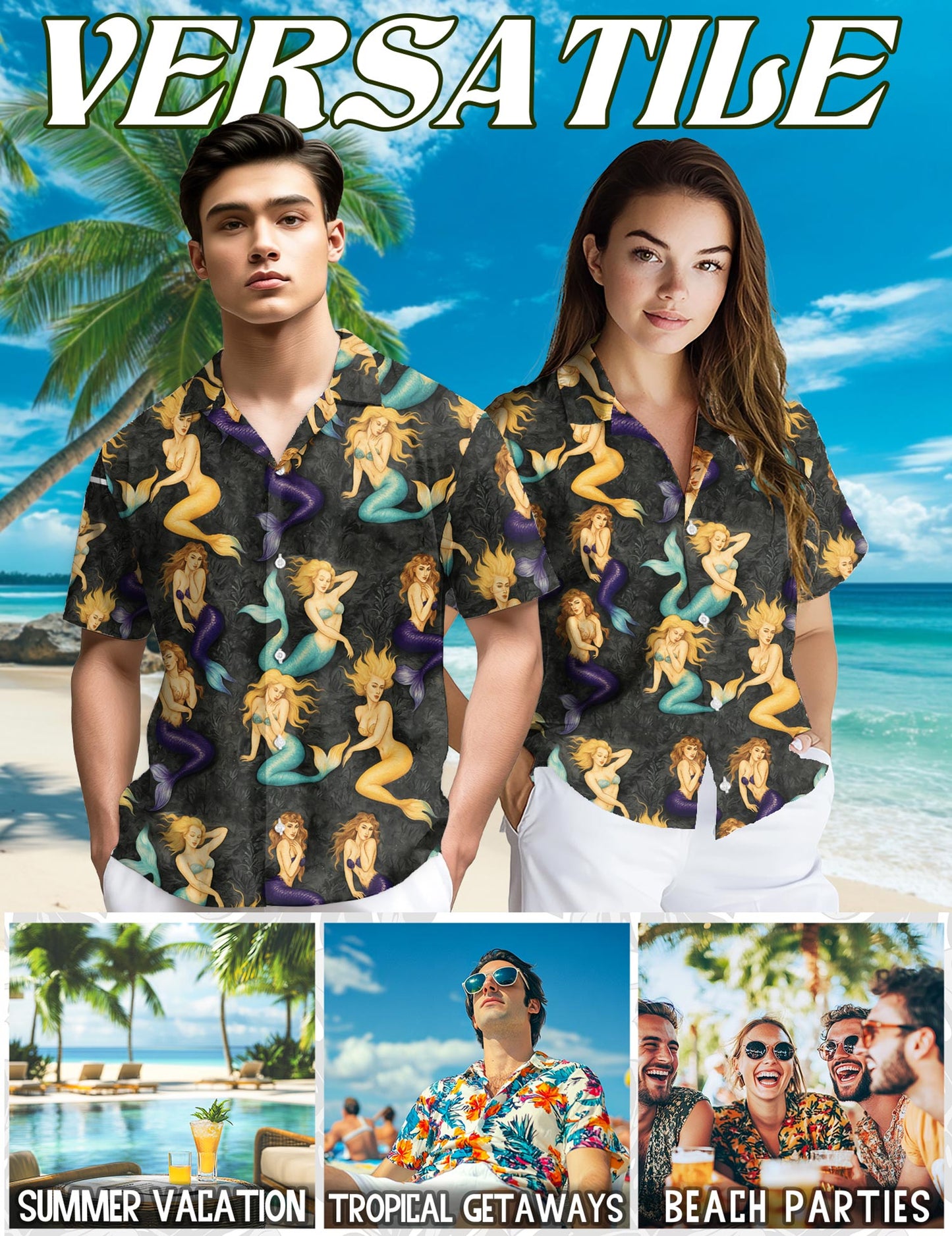 Netecom Beautiful Mermaid Hawaiian Shirt for Men, Fantasy Style, Button Down Summer Beach Short Sleeve, S-5XL