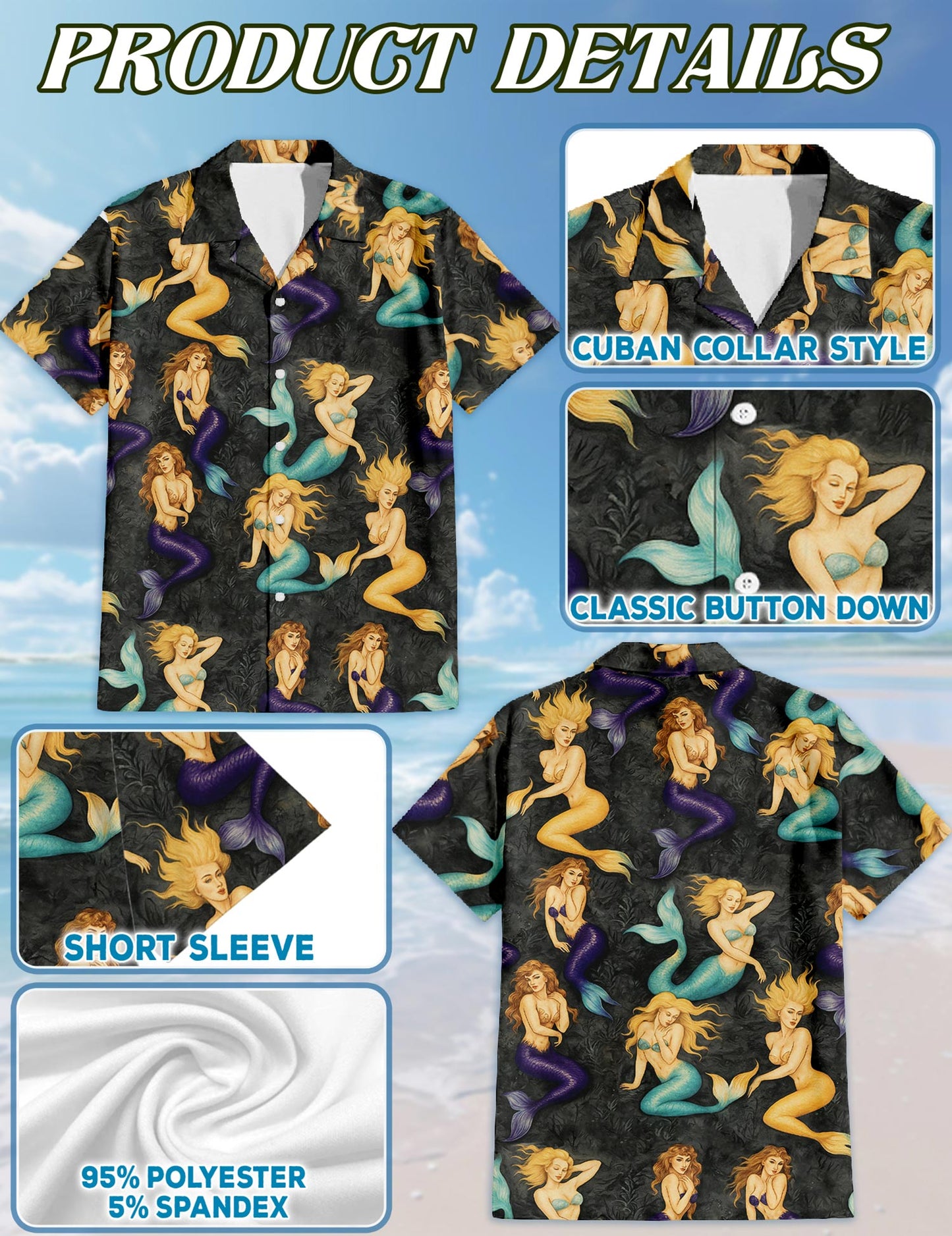 Netecom Beautiful Mermaid Hawaiian Shirt for Men, Fantasy Style, Button Down Summer Beach Short Sleeve, S-5XL