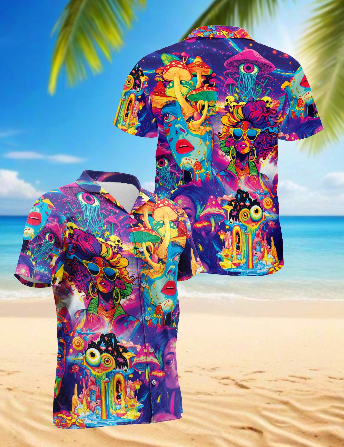 Netecom Beauty Hippie Mushroom Hawaiian Shirt for Men, Retro Style, Button Down Summer Beach Short Sleeve, S-5XL