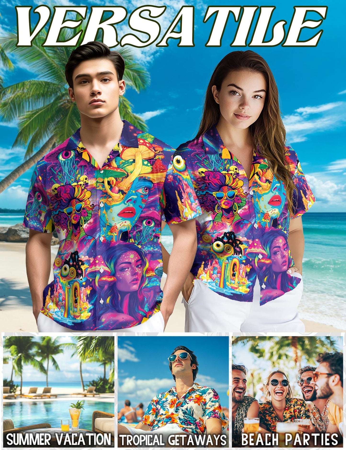 Netecom Beauty Hippie Mushroom Hawaiian Shirt for Men, Retro Style, Button Down Summer Beach Short Sleeve, S-5XL