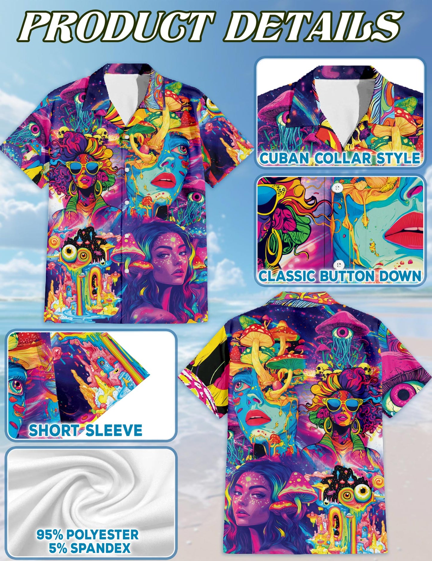 Netecom Beauty Hippie Mushroom Hawaiian Shirt for Men, Retro Style, Button Down Summer Beach Short Sleeve, S-5XL
