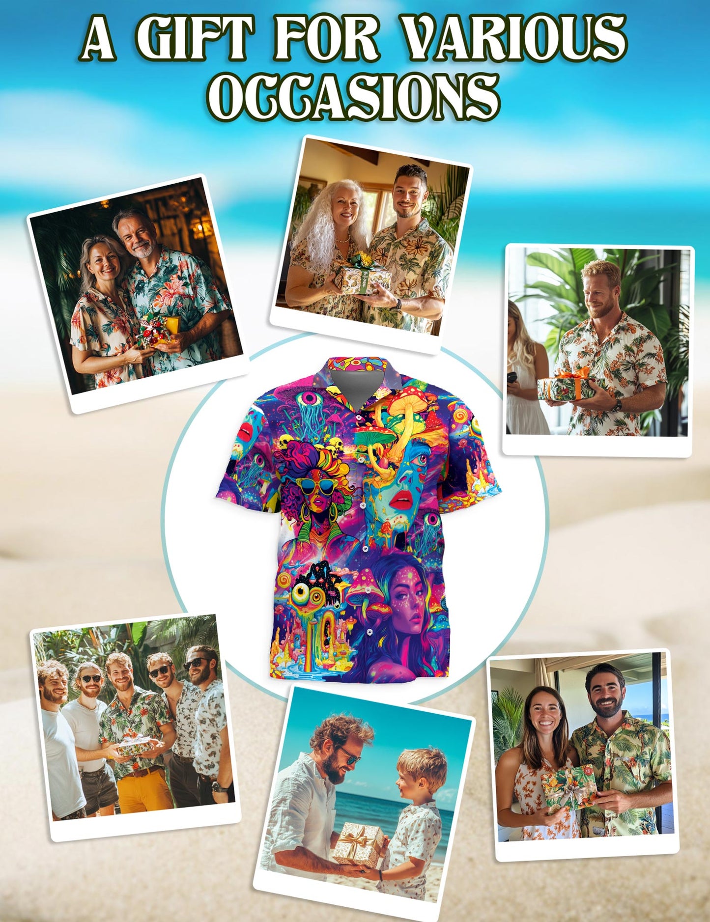 Netecom Beauty Hippie Mushroom Hawaiian Shirt for Men, Retro Style, Button Down Summer Beach Short Sleeve, S-5XL