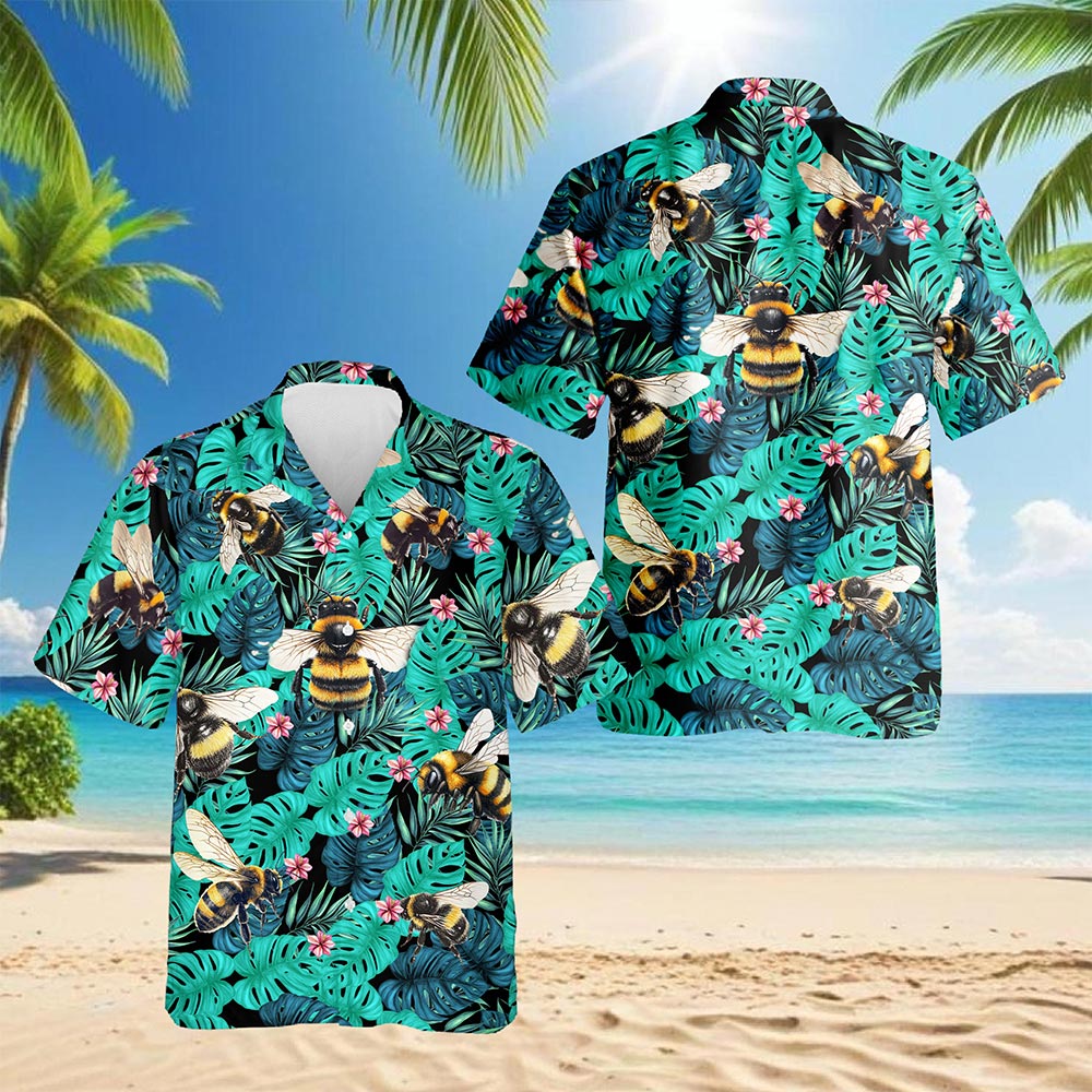 Netecom Bee Hawaiian Shirt for Men, Tropical Style, Button Down Summer Beach Short Sleeve, S-5XL