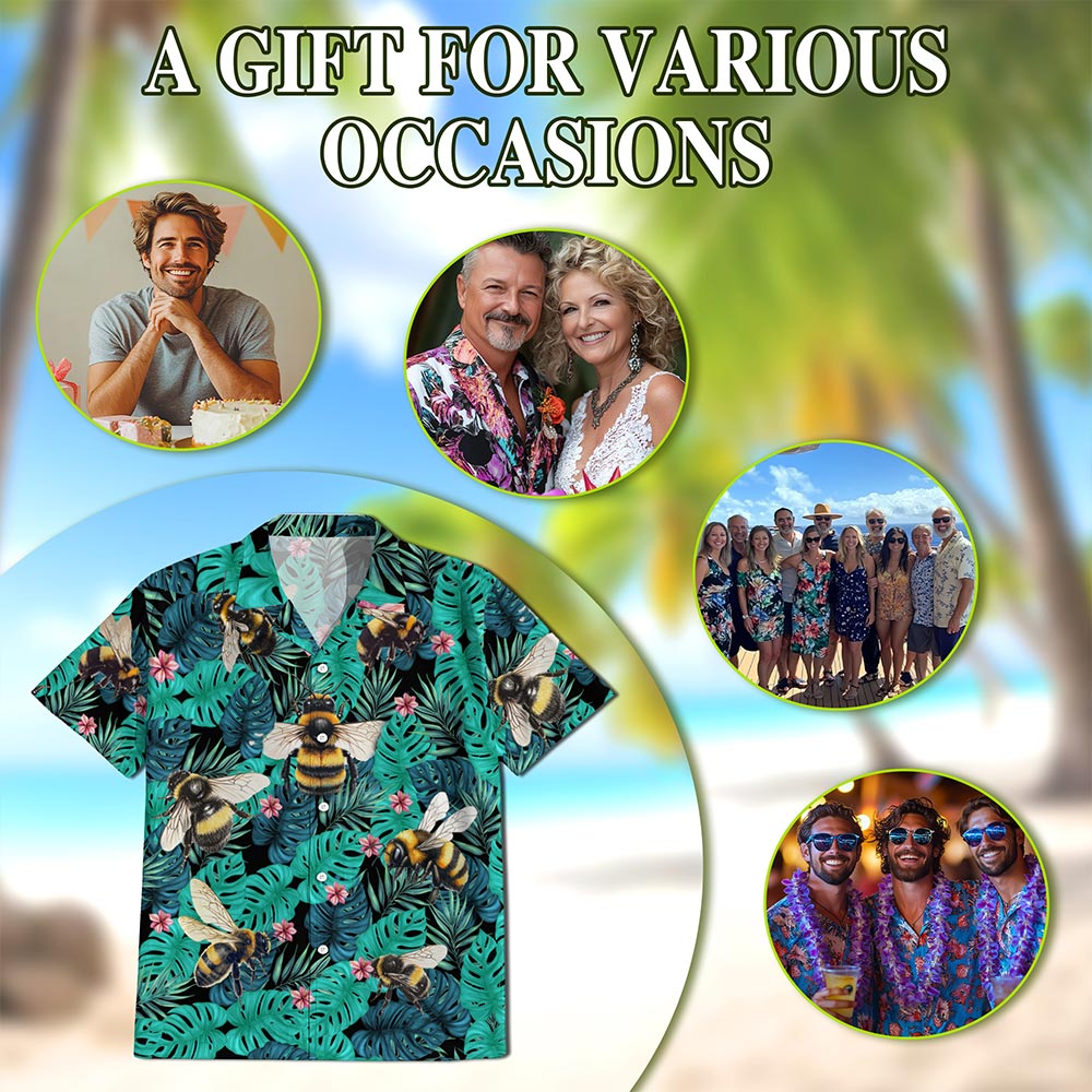Netecom Bee Hawaiian Shirt for Men, Tropical Style, Button Down Summer Beach Short Sleeve, S-5XL