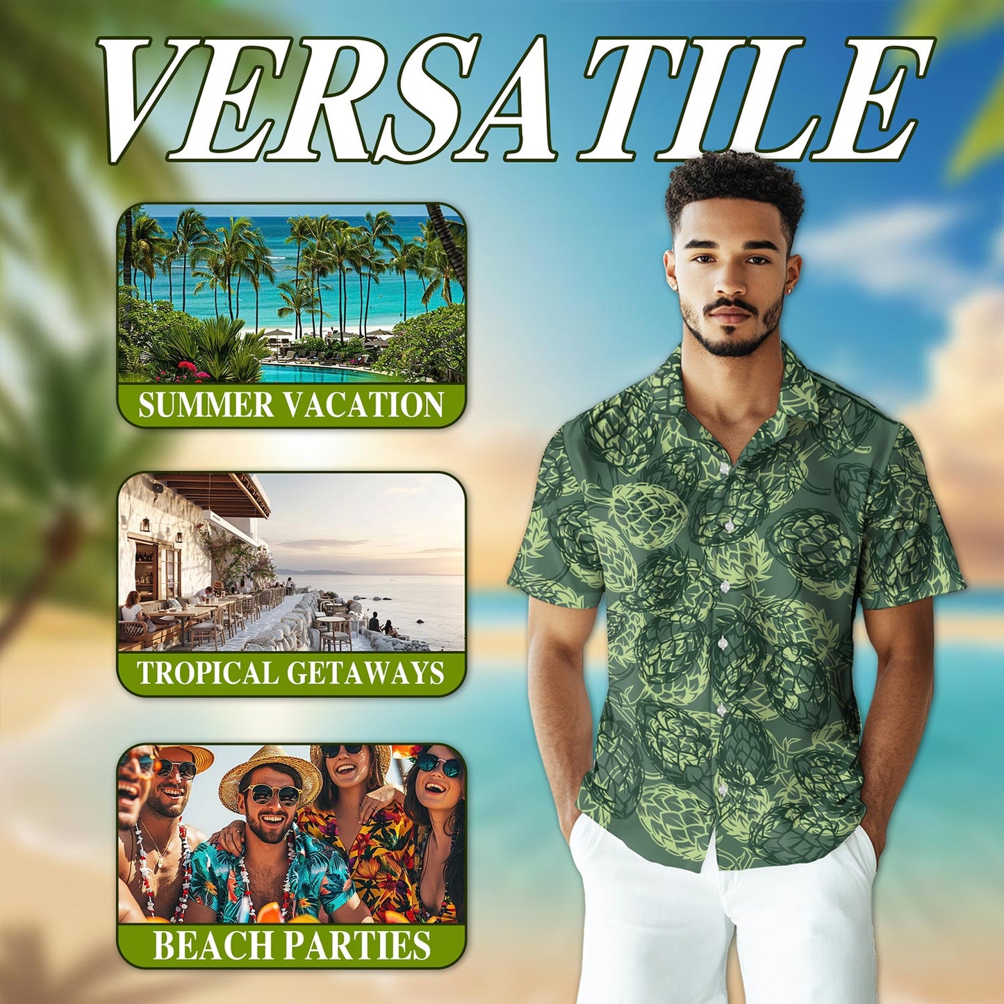 Netecom Beer Hops Seamless Hawaiian Shirt for Men, Button Down Summer Beach Short Sleeve, Vintage Style, Sizes S-5XL