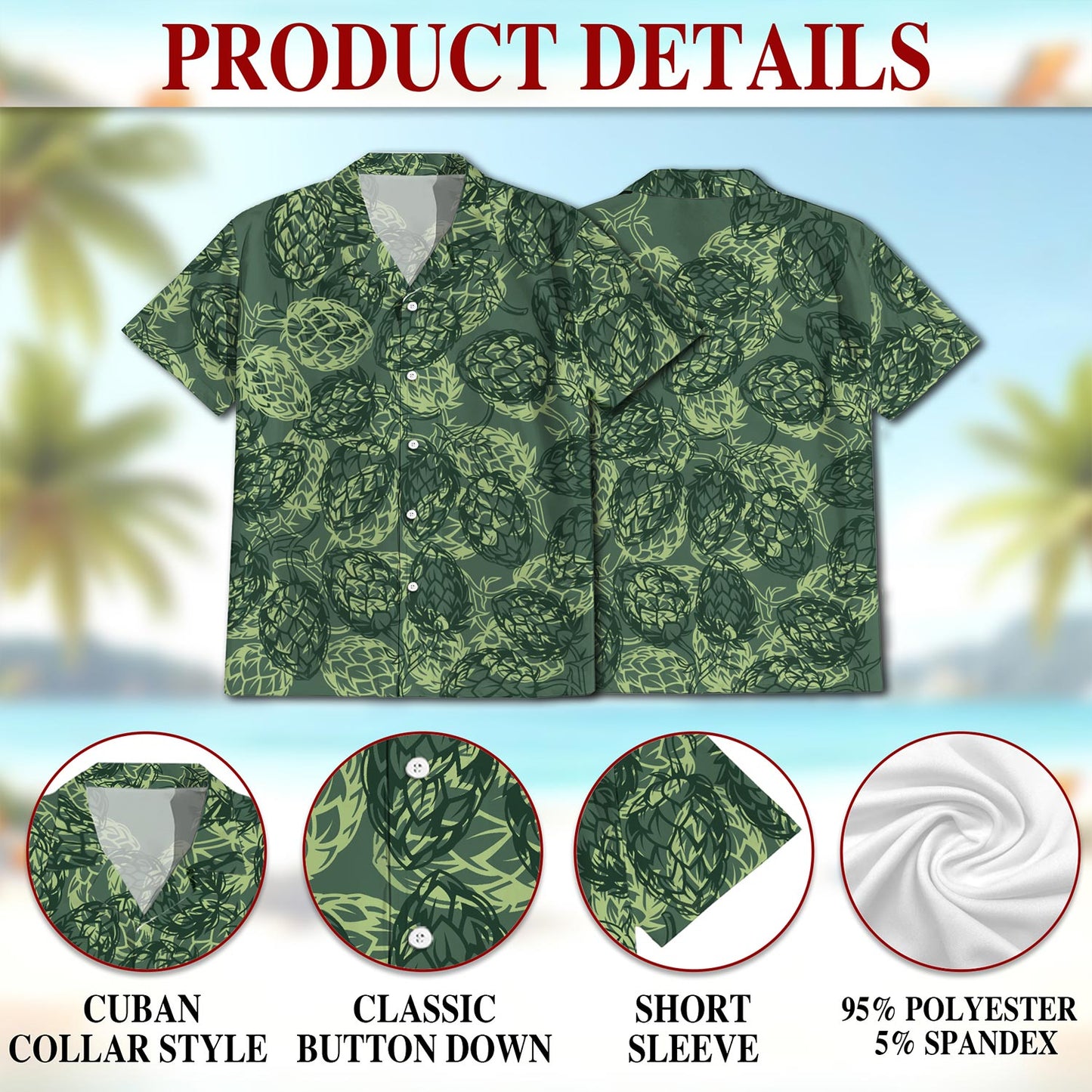 Netecom Beer Hops Seamless Hawaiian Shirt for Men, Button Down Summer Beach Short Sleeve, Vintage Style, Sizes S-5XL