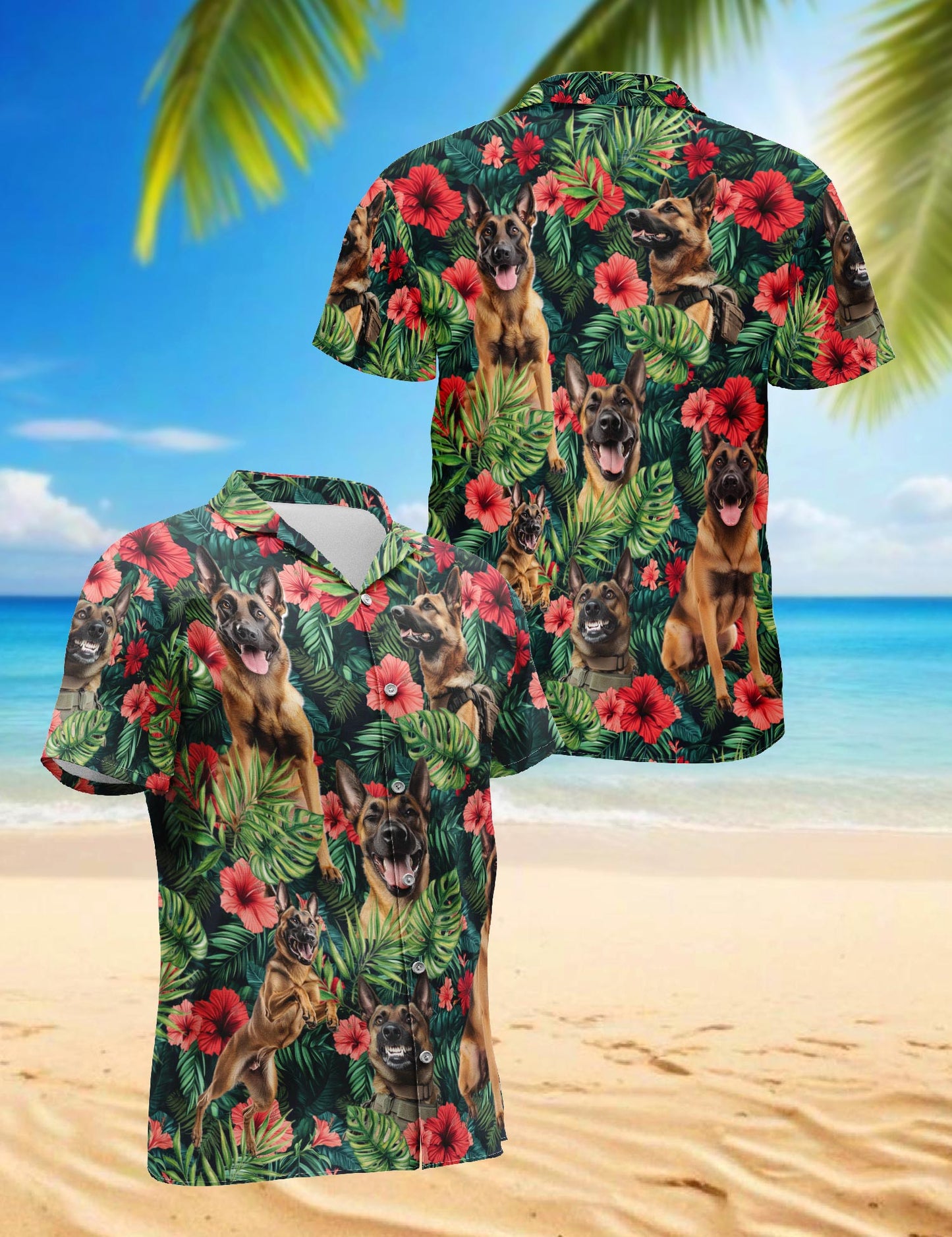 Netecom Belgian Malinois Hawaiian Shirt for Men, Button Down Summer Beach Short Sleeve, Tropical Style, Sizes S-5XL