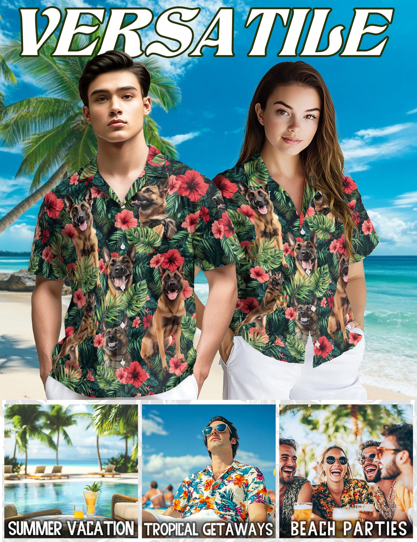 Netecom Belgian Malinois Hawaiian Shirt for Men, Button Down Summer Beach Short Sleeve, Tropical Style, Sizes S-5XL