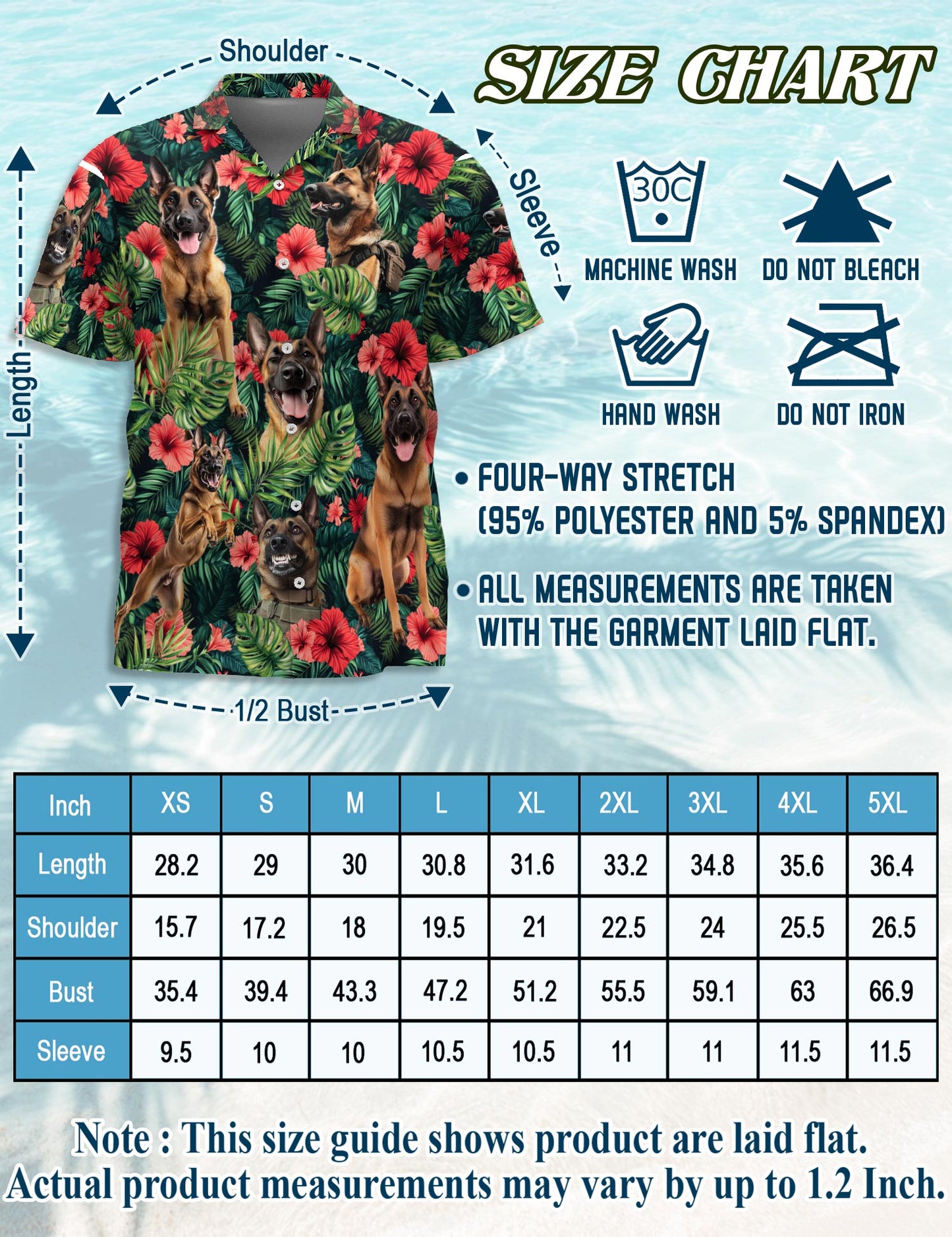 Netecom Belgian Malinois Hawaiian Shirt for Men, Button Down Summer Beach Short Sleeve, Tropical Style, Sizes S-5XL