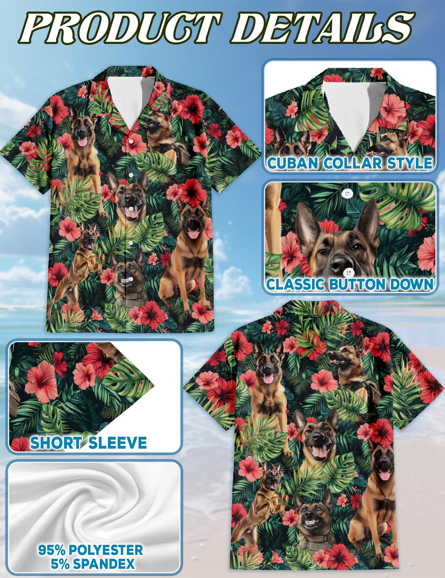 Netecom Belgian Malinois Hawaiian Shirt for Men, Button Down Summer Beach Short Sleeve, Tropical Style, Sizes S-5XL