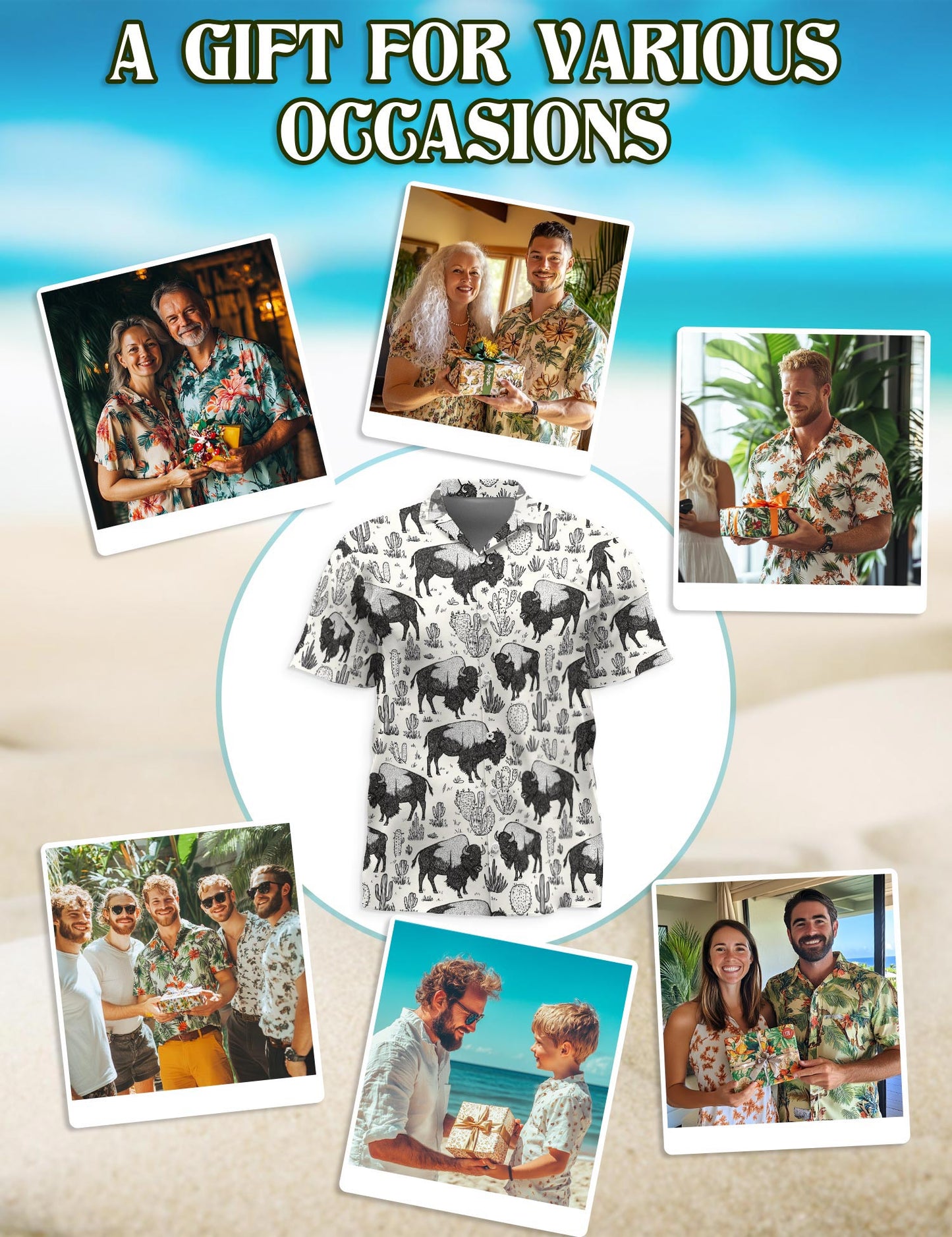 Netecom Bison Pattern Hawaiian Shirt for Men, Vintage Style, Button Down Summer Beach Short Sleeve, S-5XL