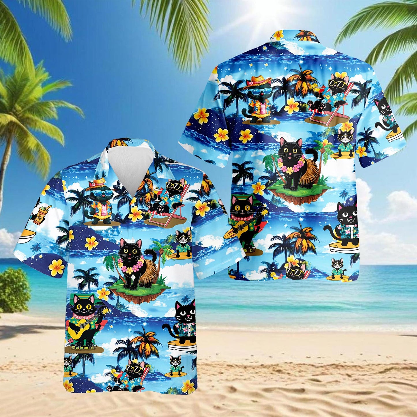 Netecom Black Cat Beach Hawaiian Shirt for Men, Tropical Style, Button Down Summer Beach Short Sleeve, S-5XL
