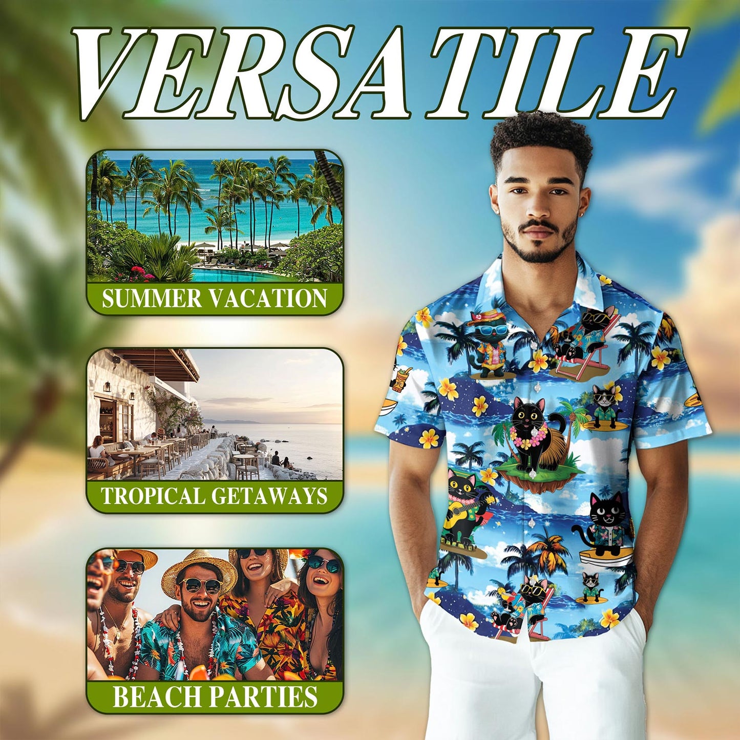 Netecom Black Cat Beach Hawaiian Shirt for Men, Tropical Style, Button Down Summer Beach Short Sleeve, S-5XL