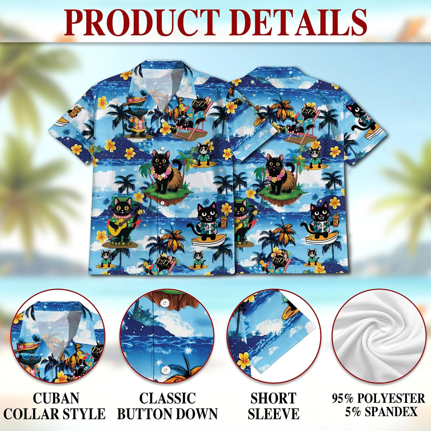 Netecom Black Cat Beach Hawaiian Shirt for Men, Tropical Style, Button Down Summer Beach Short Sleeve, S-5XL