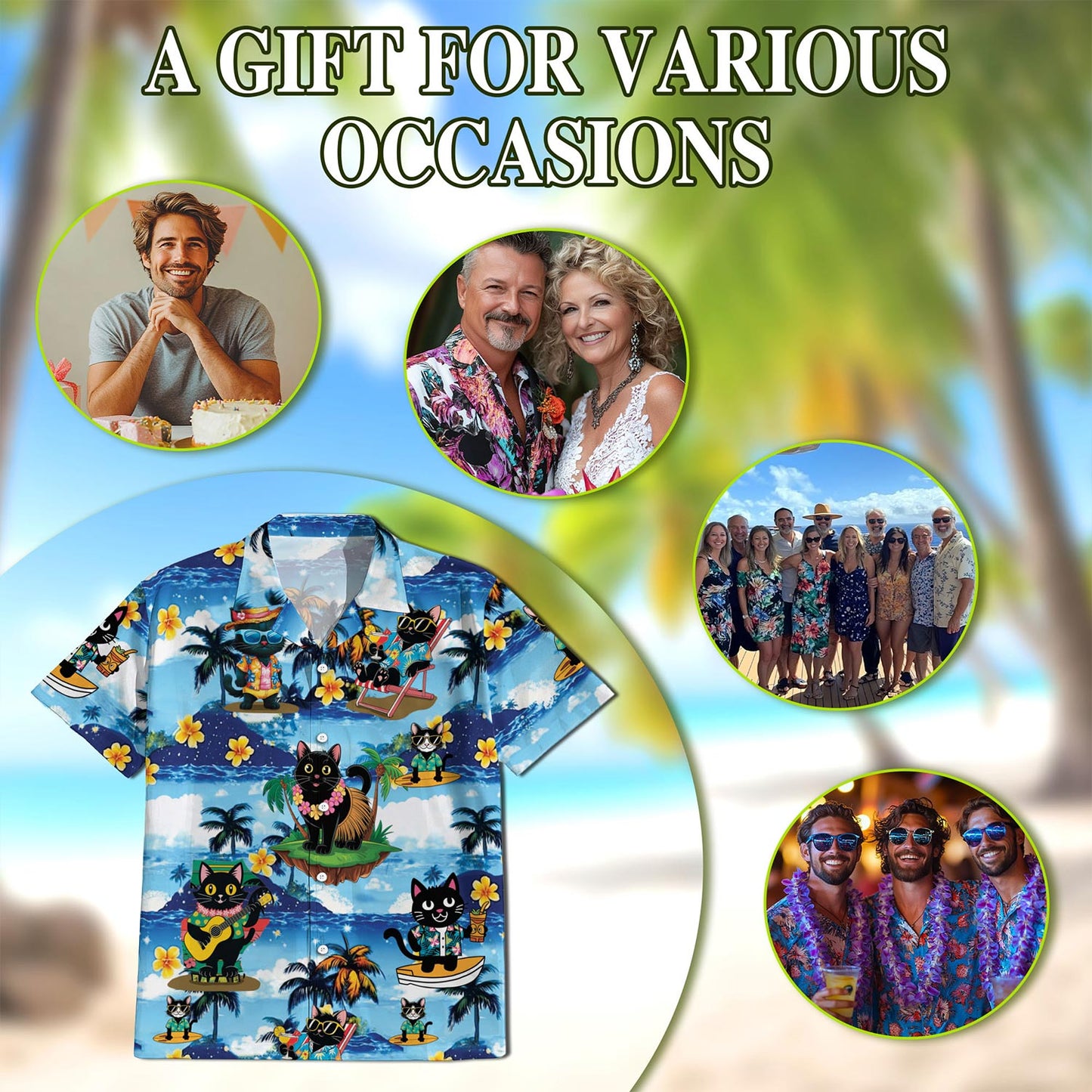 Netecom Black Cat Beach Hawaiian Shirt for Men, Tropical Style, Button Down Summer Beach Short Sleeve, S-5XL