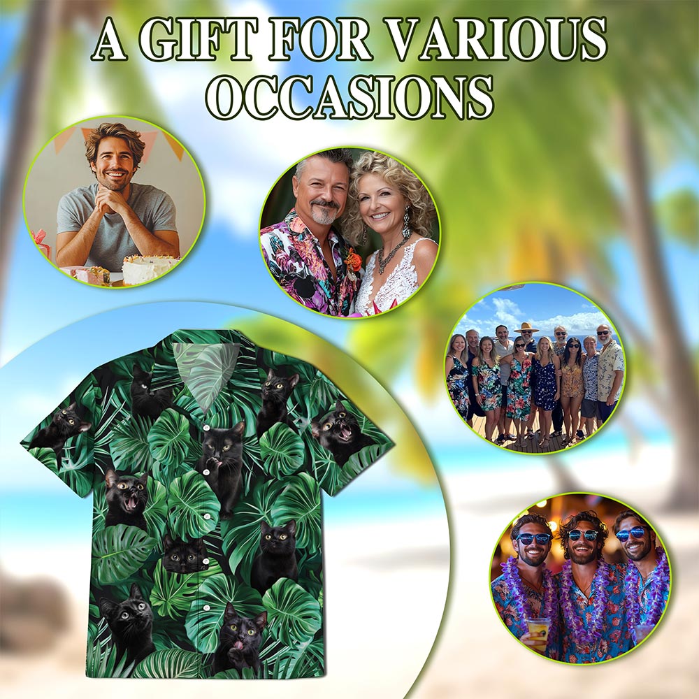 Netecom Black Cat Hawaiian Shirt for Men, Tropical Style, Button Down Summer Beach Short Sleeve, S-5XL
