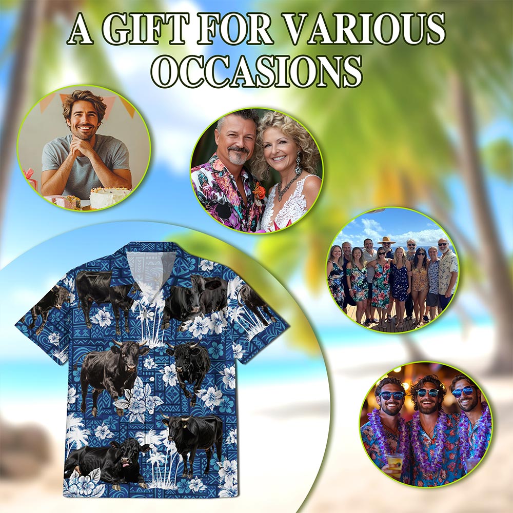 Netecom Black Cattle Hawaiian Shirt for Men, Tropical Style, Button Down Summer Beach Short Sleeve, S-5XL