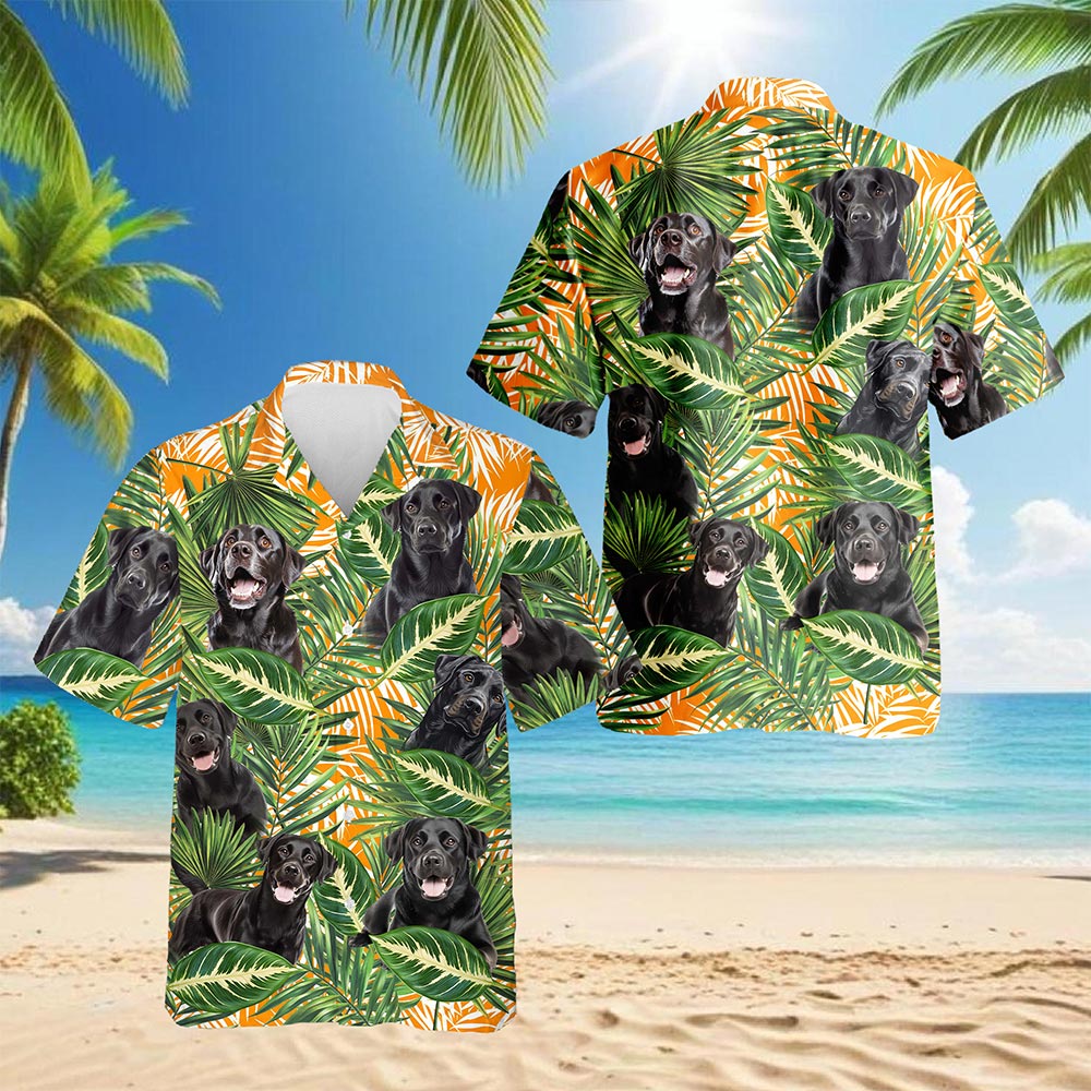 Netecom Black Labrador Retriever Dog Hawaiian Shirt for Men, Tropical Style, Button Down Summer Beach Short Sleeve, S-5XL