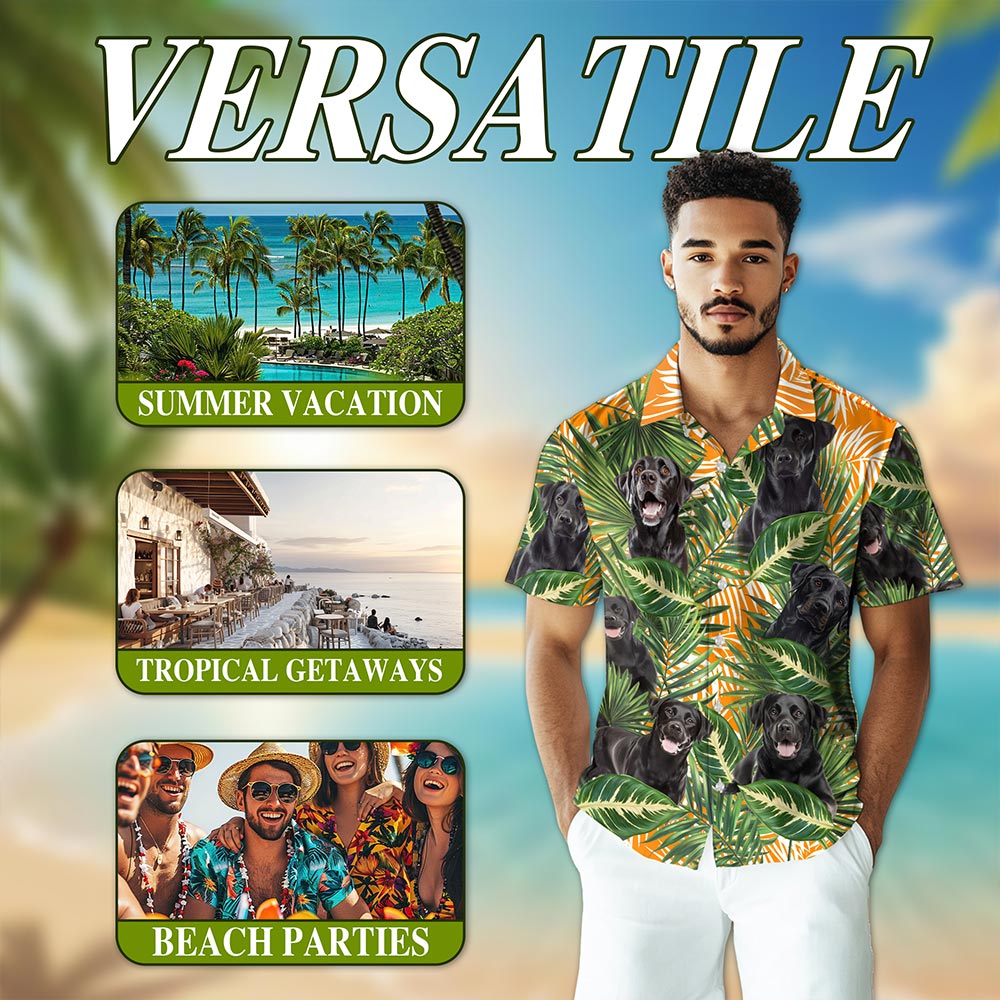 Netecom Black Labrador Retriever Dog Hawaiian Shirt for Men, Tropical Style, Button Down Summer Beach Short Sleeve, S-5XL