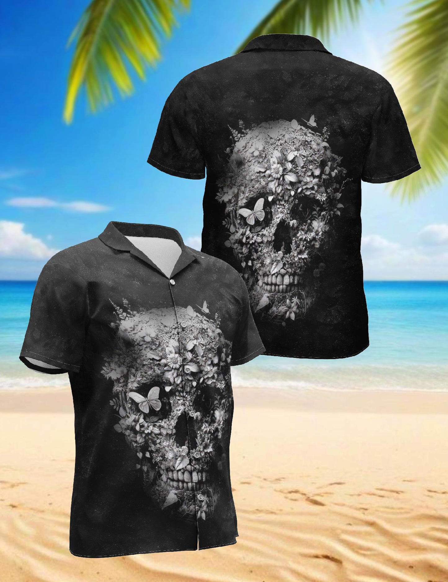 Netecom Black Skull Flower Hawaiian Shirt for Men, Horror Style, Button Down Summer Beach Short Sleeve, S-5XL