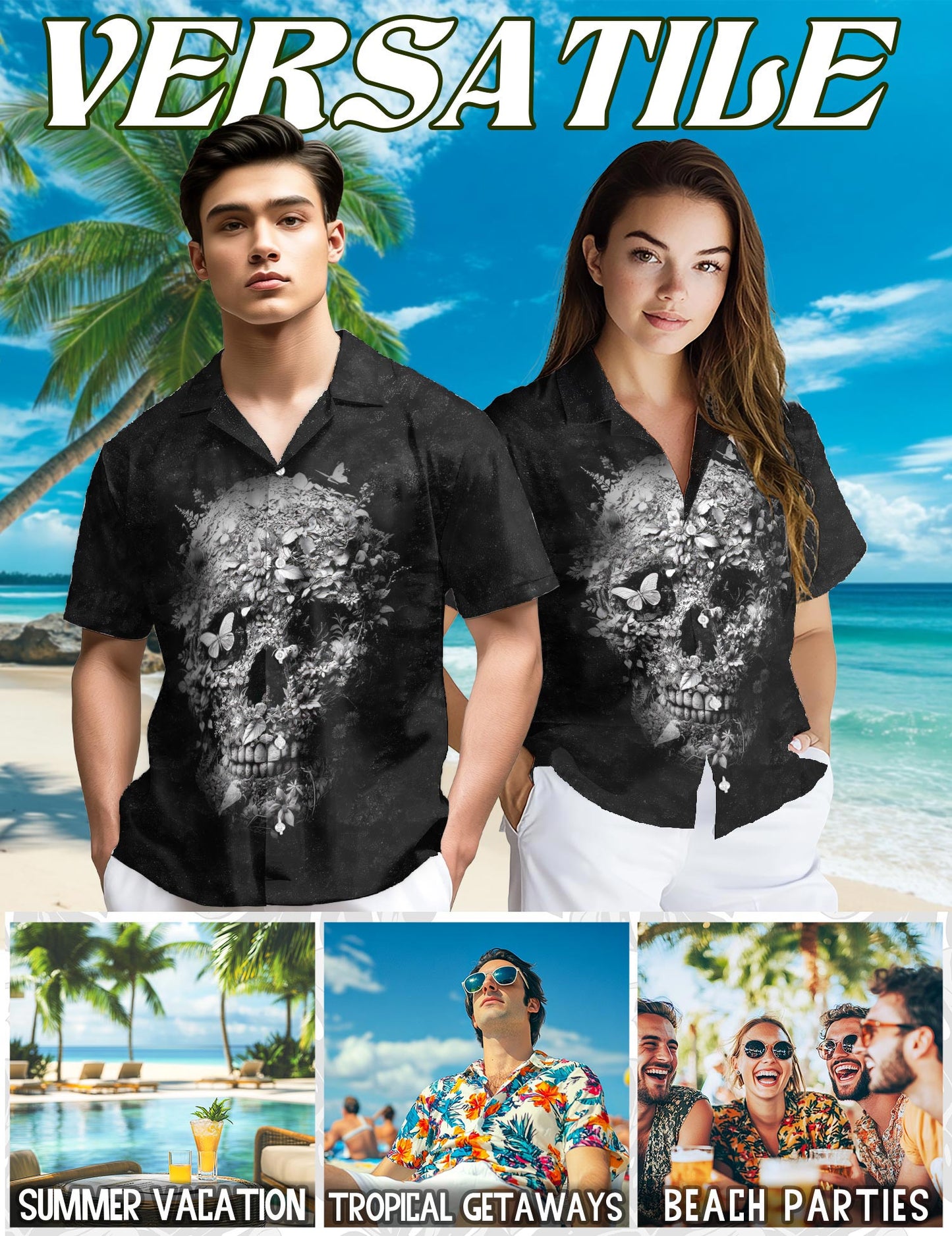 Netecom Black Skull Flower Hawaiian Shirt for Men, Horror Style, Button Down Summer Beach Short Sleeve, S-5XL