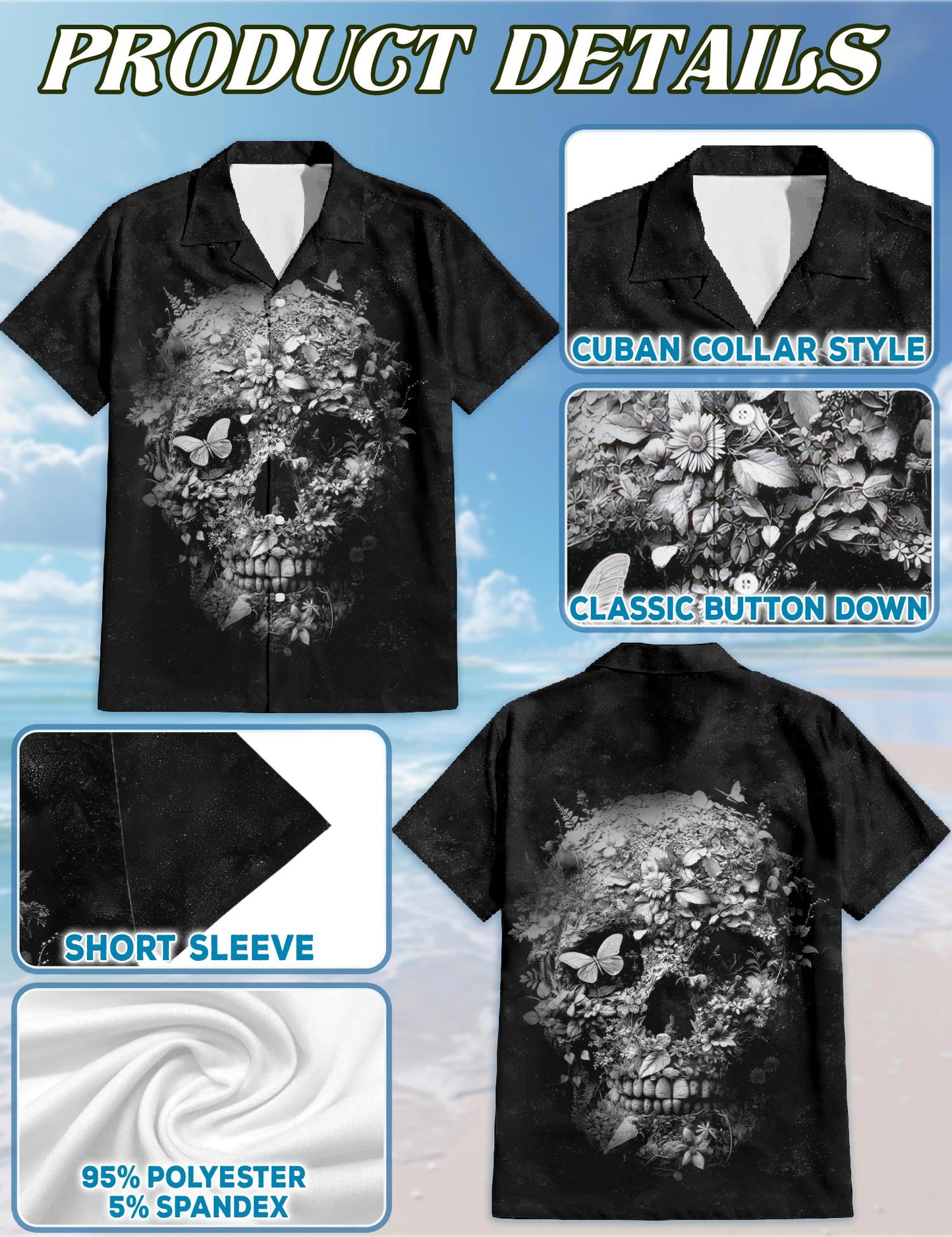 Netecom Black Skull Flower Hawaiian Shirt for Men, Horror Style, Button Down Summer Beach Short Sleeve, S-5XL
