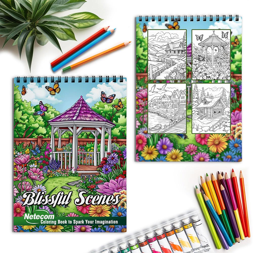 Netecom Blissful Scenes Spiral Coloring Book for Adults