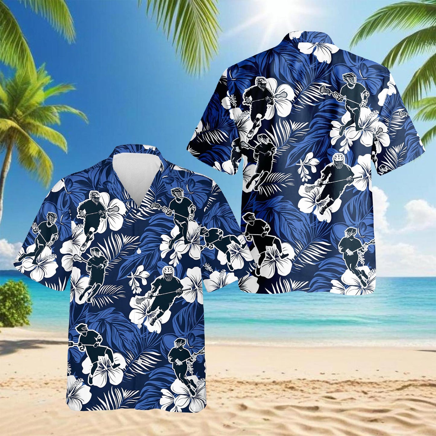 Netecom Blue Black Lacrosse Hawaiian Shirt for Men, Tropical Style, Button Down Summer Beach Short Sleeve, S-5XL