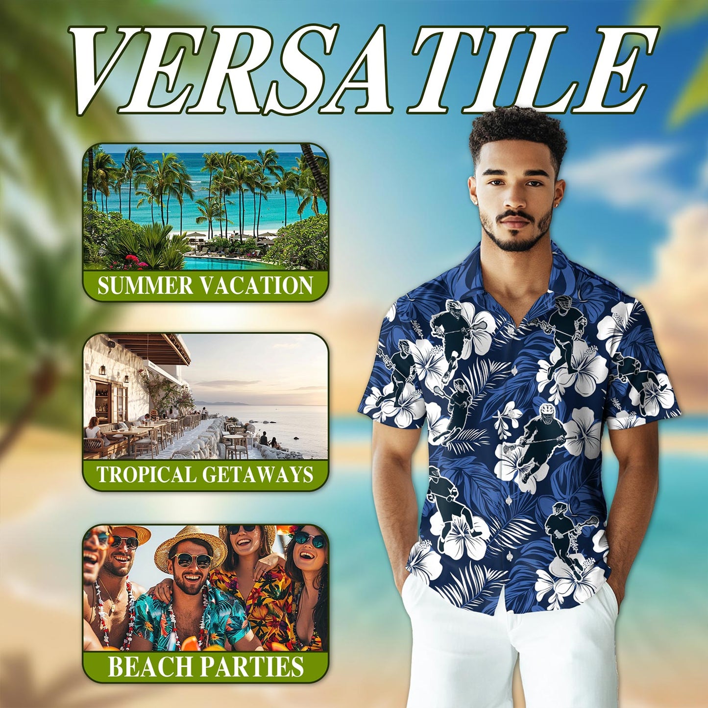 Netecom Blue Black Lacrosse Hawaiian Shirt for Men, Tropical Style, Button Down Summer Beach Short Sleeve, S-5XL