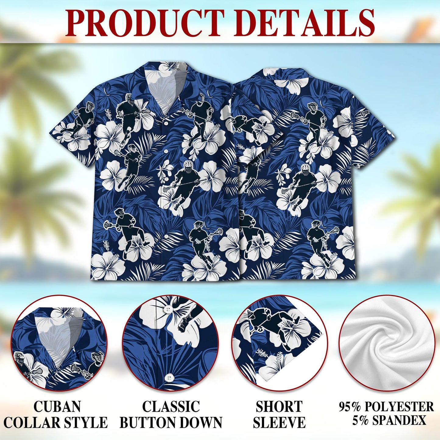 Netecom Blue Black Lacrosse Hawaiian Shirt for Men, Tropical Style, Button Down Summer Beach Short Sleeve, S-5XL