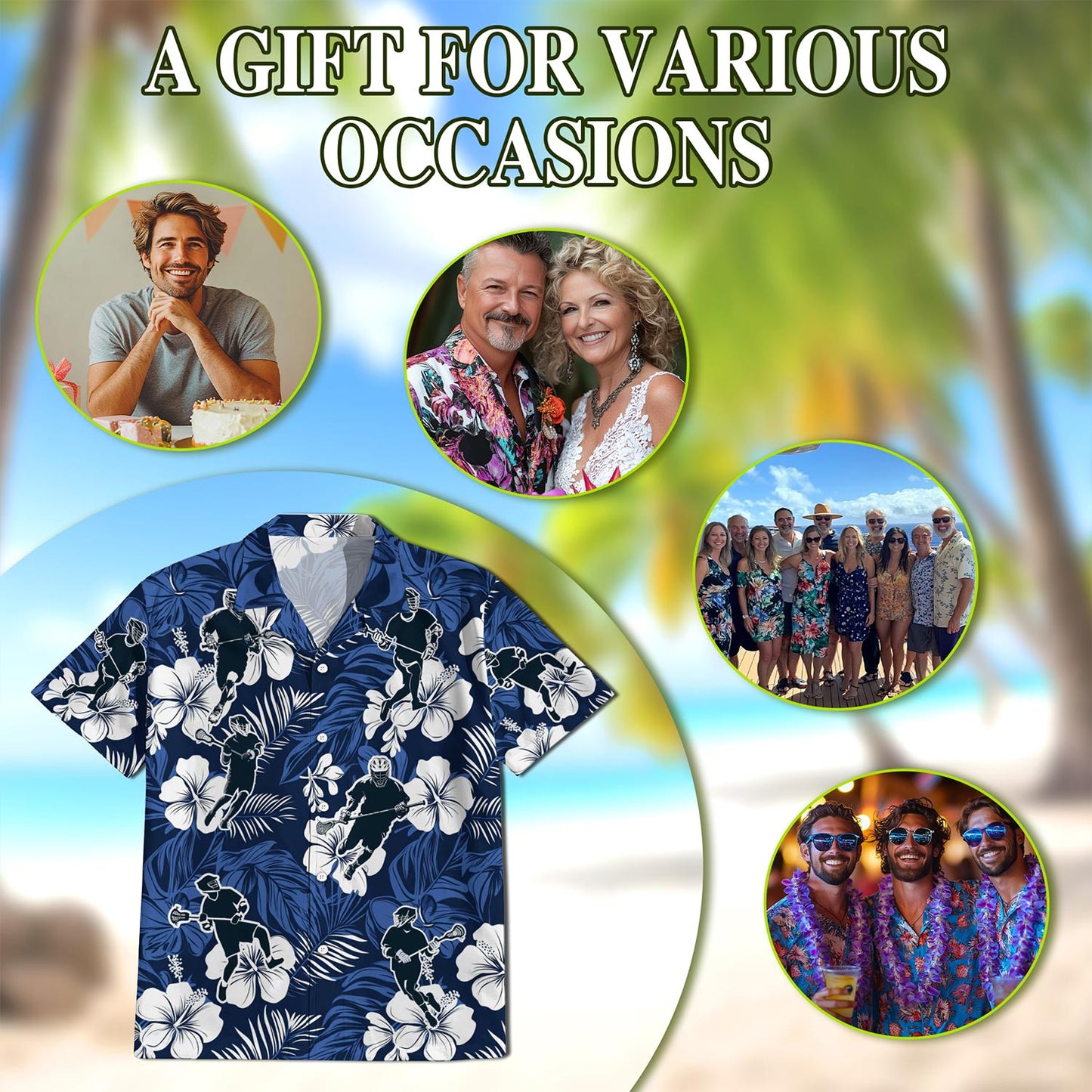 Netecom Blue Black Lacrosse Hawaiian Shirt for Men, Tropical Style, Button Down Summer Beach Short Sleeve, S-5XL