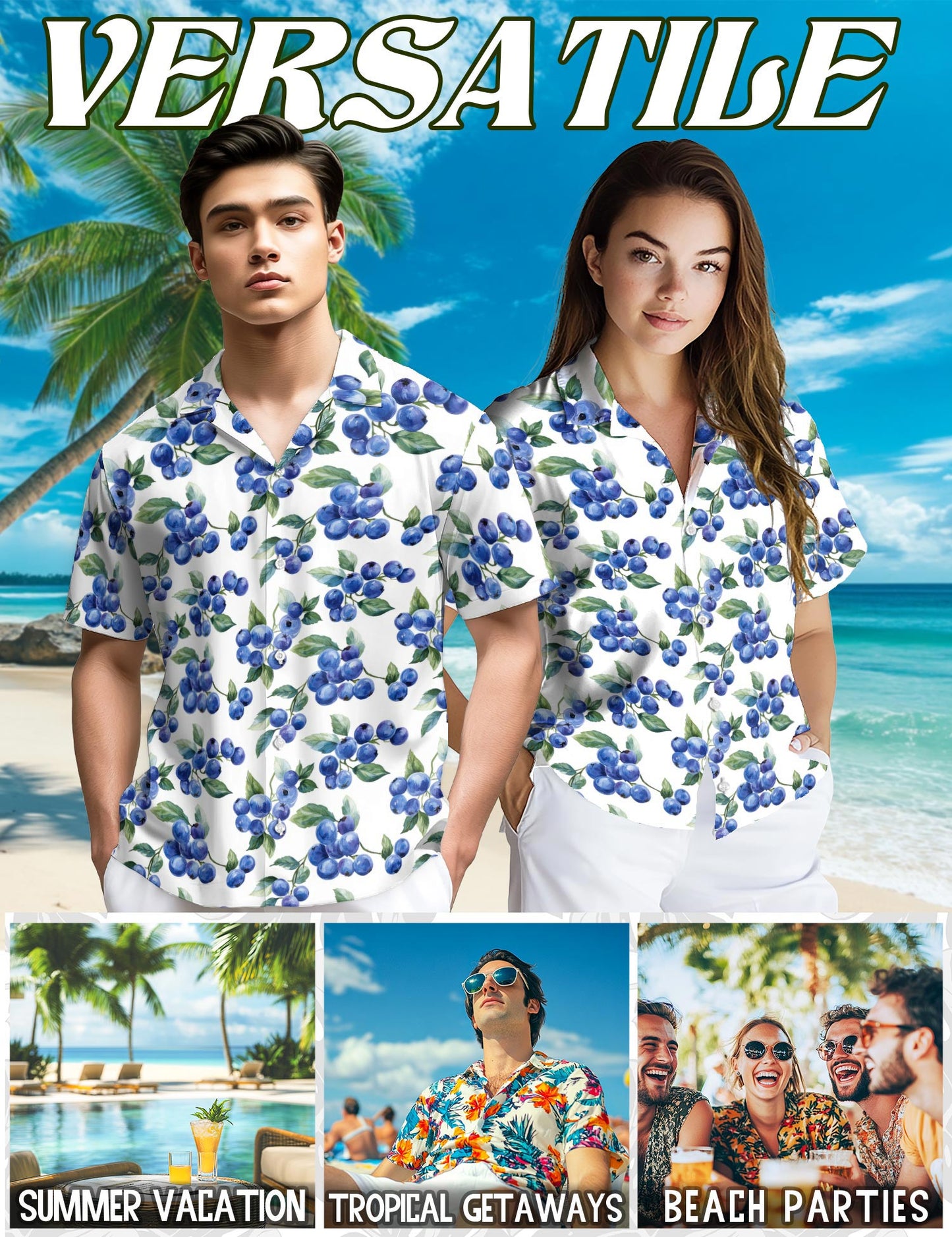 Netecom Blueberry Pattern Hawaiian Shirt for Men, Vintage Style, Button Down Summer Beach Short Sleeve, S-5XL