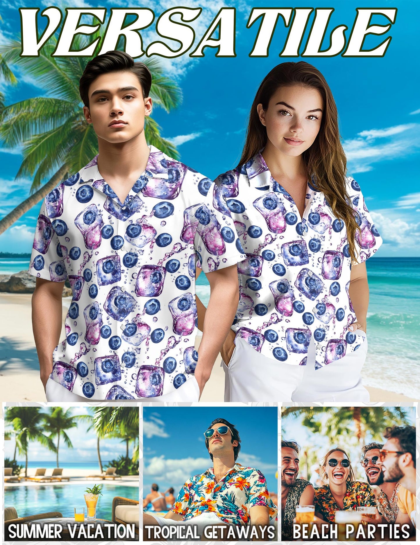 Netecom Blueberry Pattern Hawaiian Shirt for Men, Vintage Style, Button Down Summer Beach Short Sleeve, S-5XL