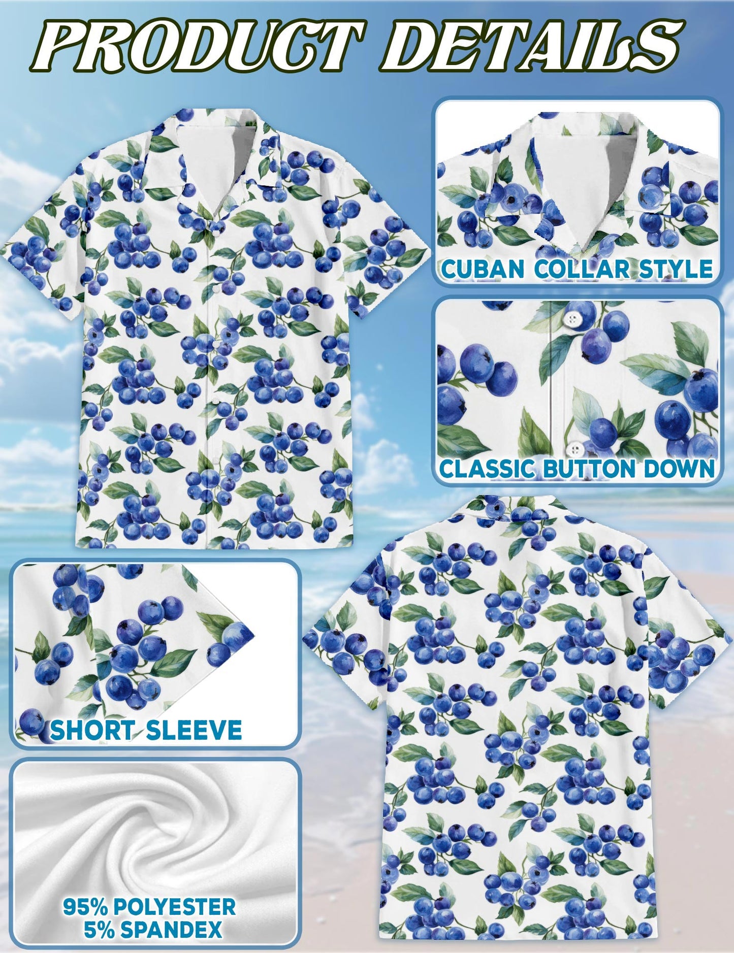 Netecom Blueberry Pattern Hawaiian Shirt for Men, Vintage Style, Button Down Summer Beach Short Sleeve, S-5XL