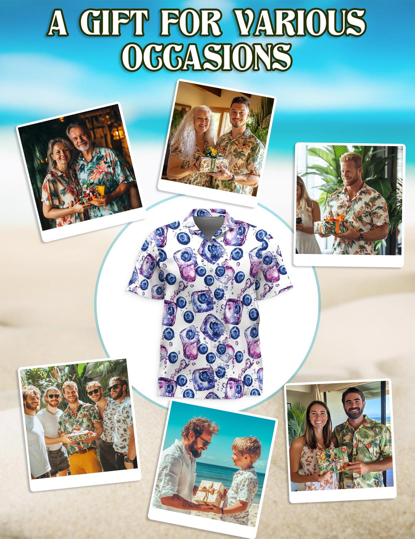 Netecom Blueberry Pattern Hawaiian Shirt for Men, Vintage Style, Button Down Summer Beach Short Sleeve, S-5XL