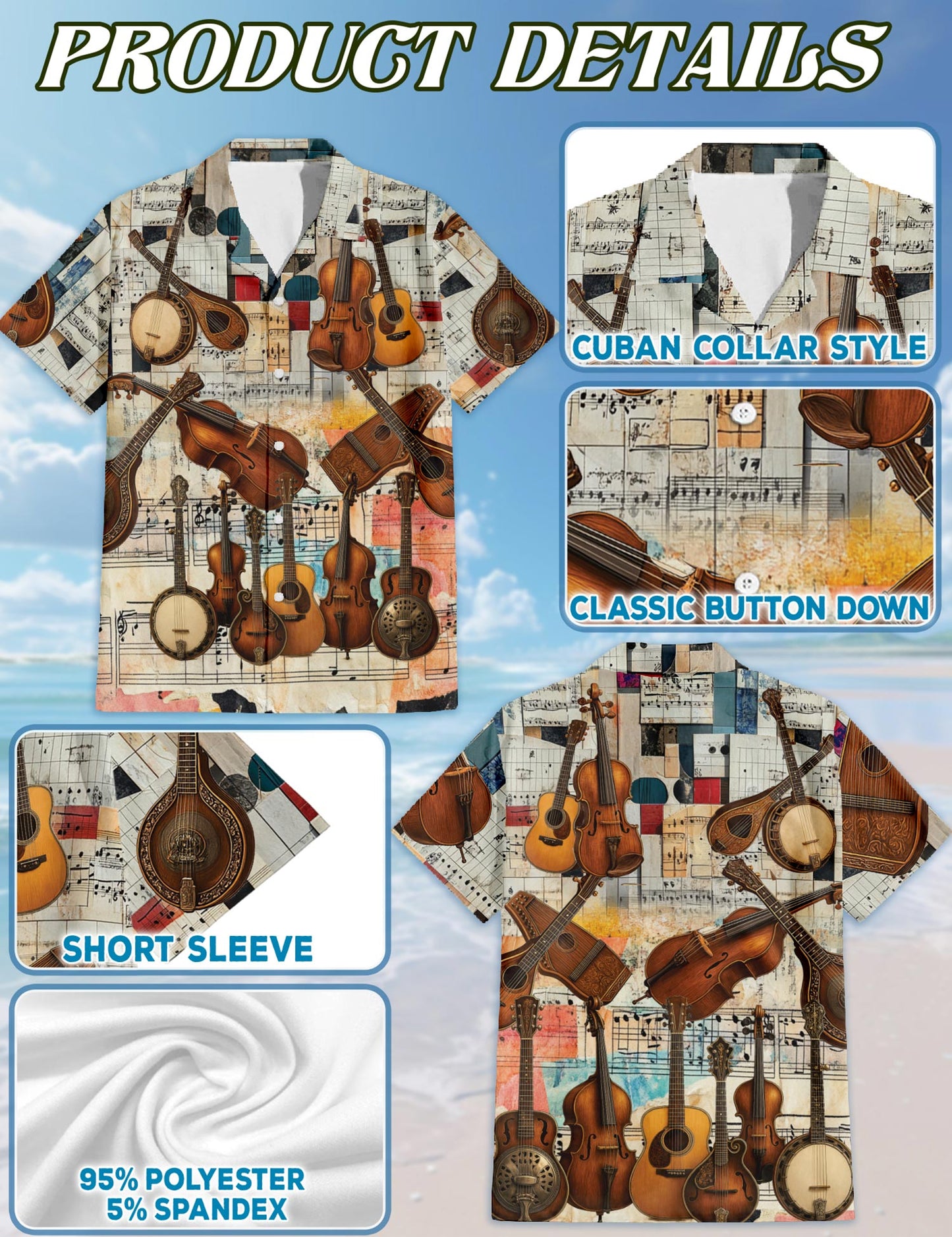 Netecom Bluegrass Music Hawaiian Shirt for Men, Vintage Style, Button Down Summer Beach Short Sleeve, S-5XL