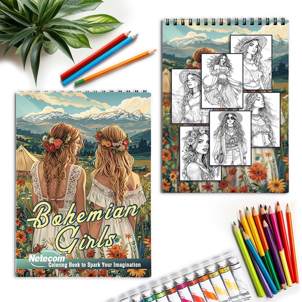 Netecom Bohemian Girls Spiral Coloring Book for Adults