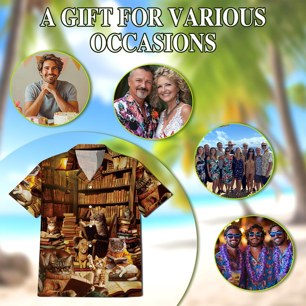 Netecom Book and Cat Hawaiian Shirt for Men, Button Down Summer Beach Short Sleeve, S-5XL