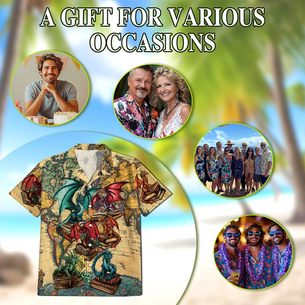 Netecom Books Dragon Hawaiian Shirt for Men, Button Down Summer Beach Short Sleeve, Tropical Style, S-5XL