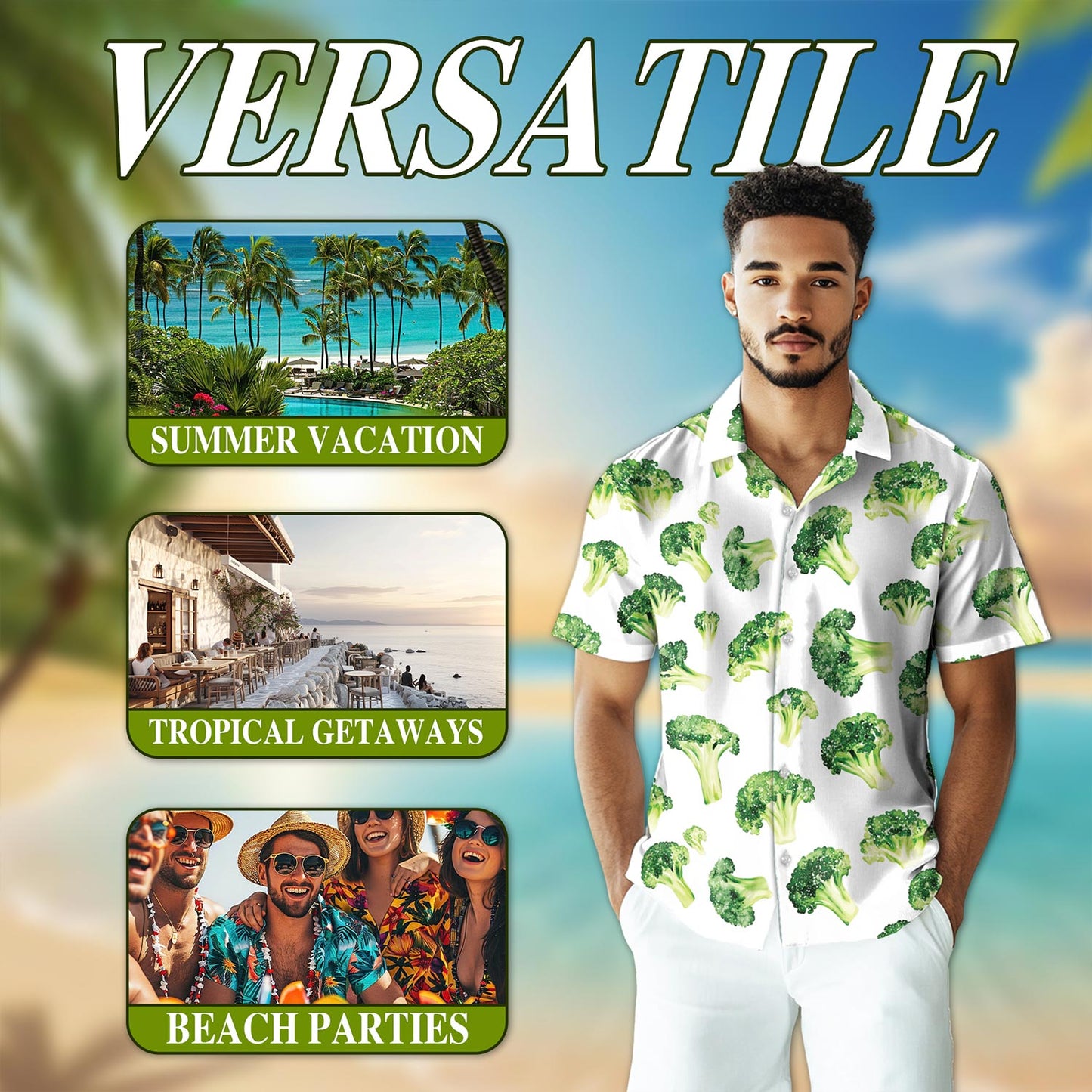 Netecom Broccoli Hawaiian Shirt for Men, Button Down Summer Beach Short Sleeve, Vintage Style, Sizes S-5XL